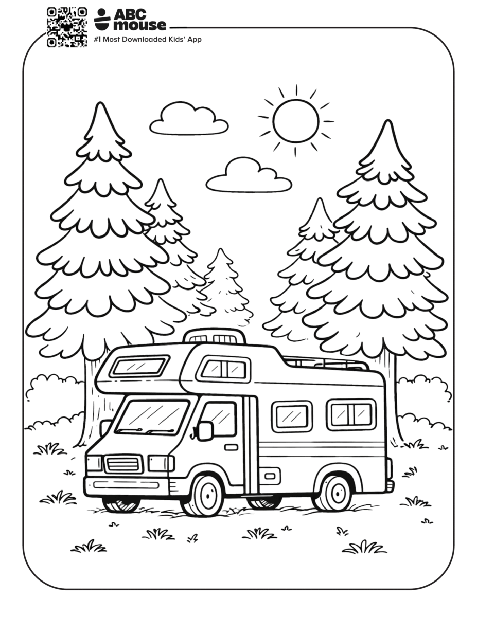 Free printable trailer in a forest camping themed coloring page for kids from ABCmouxe.com.