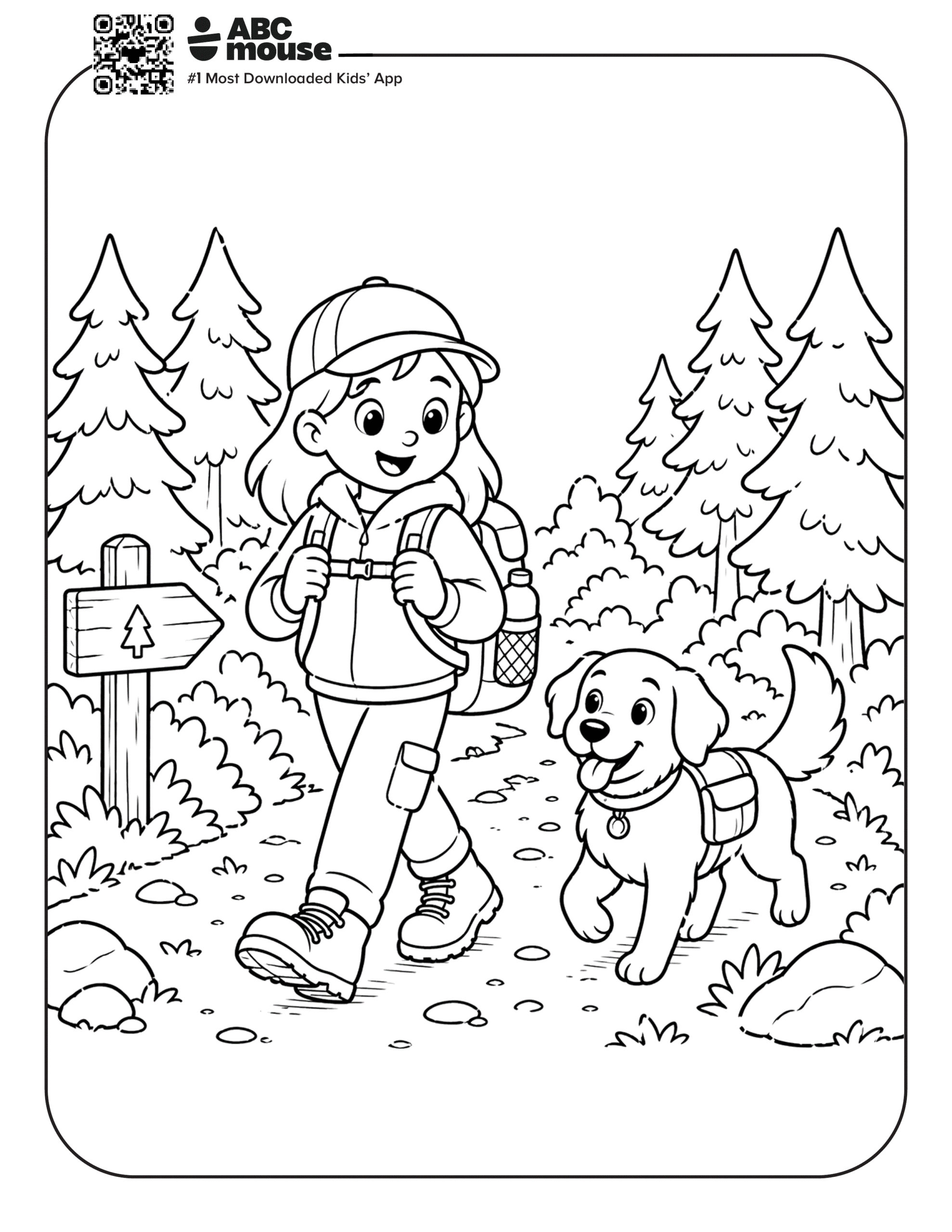 Free printable girl on a hike camping themed coloring page for kids from ABCmouxe.com.