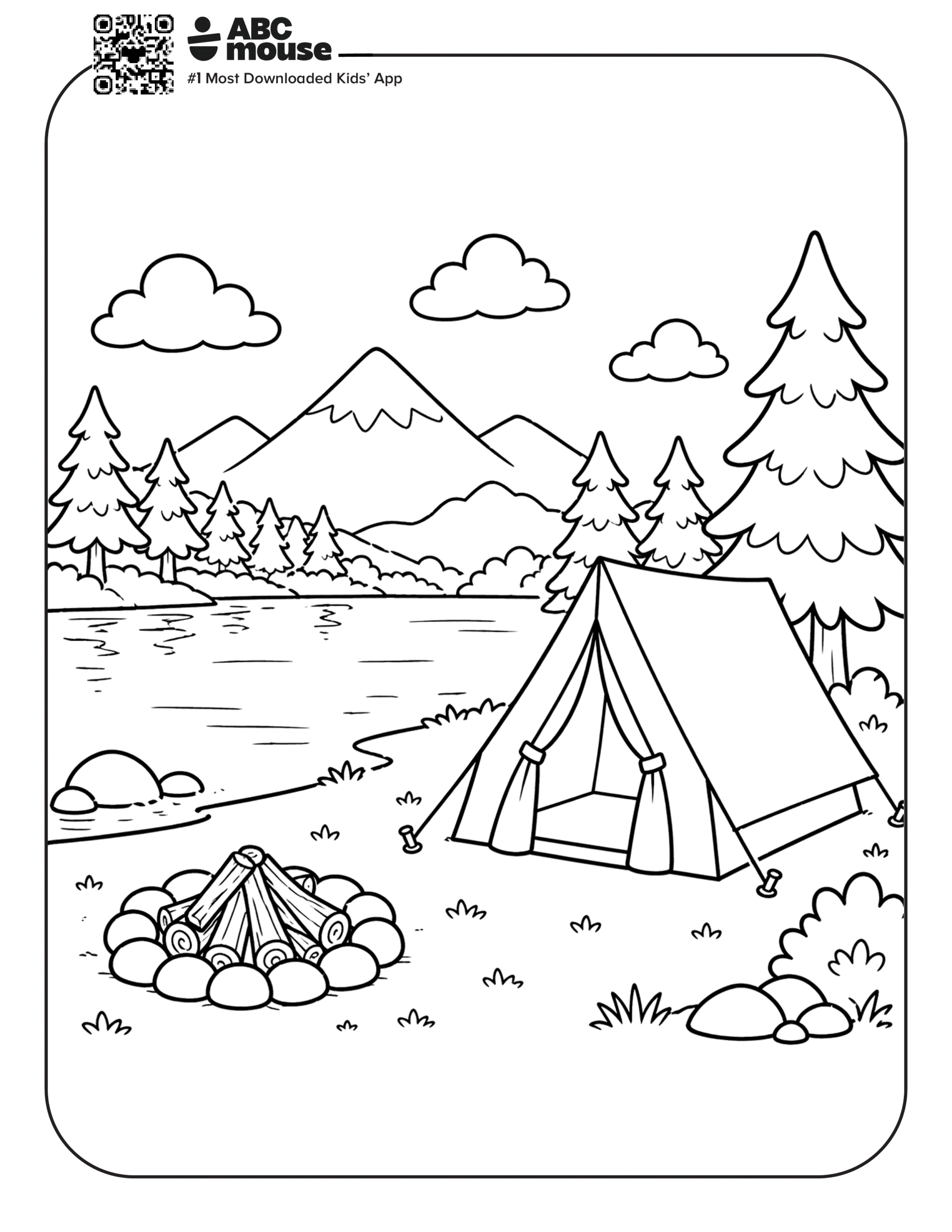 Free printable tent by a river camping themed coloring page for kids from ABCmouxe.com.