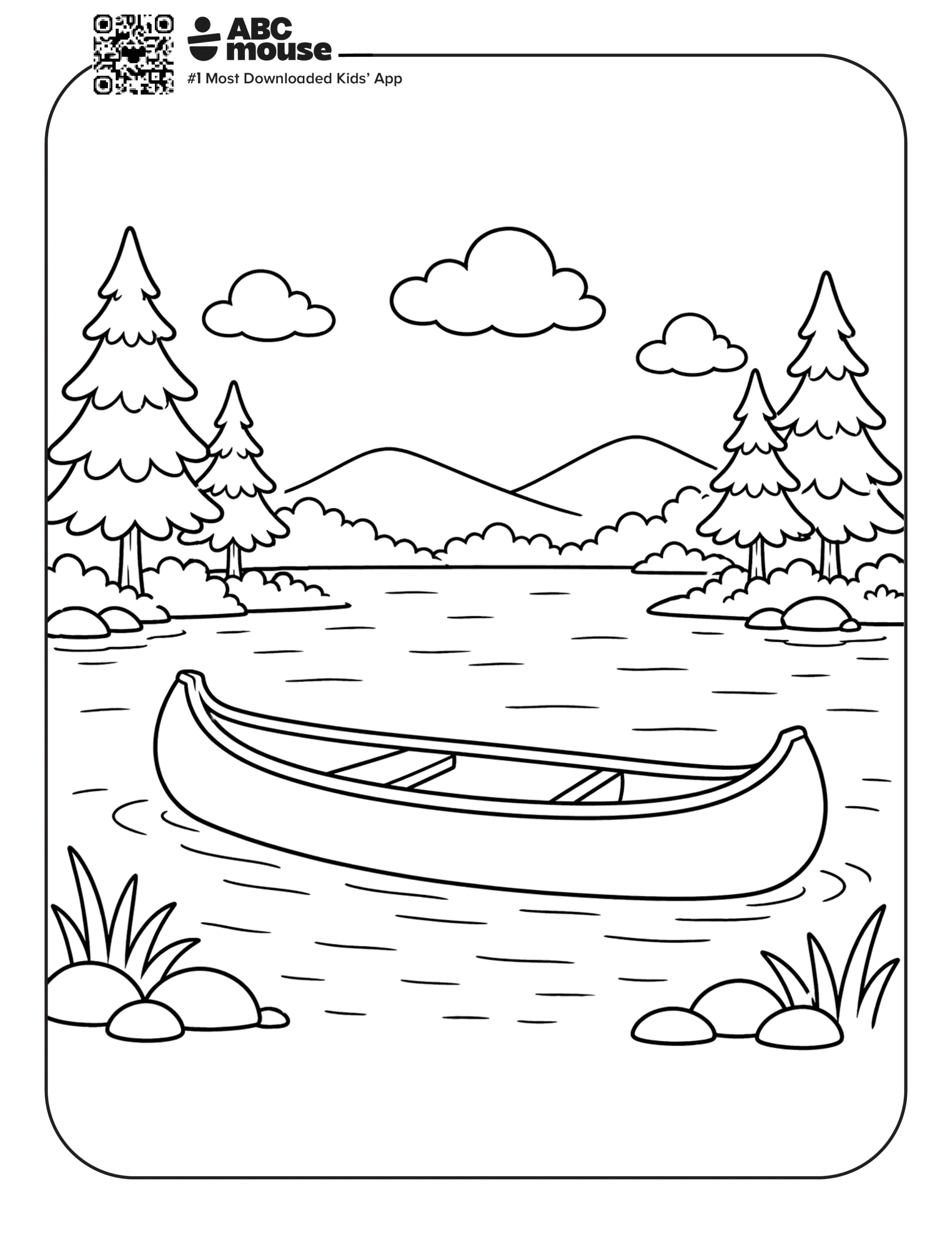 Free printable canoe on a lake camping themed coloring page for kids from ABCmouxe.com.