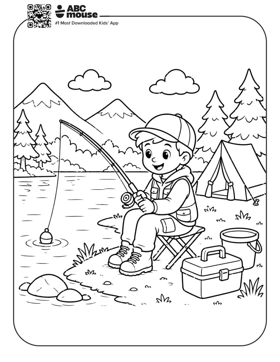 Free printable boy fishing camping themed coloring page for kids from ABCmouxe.com.