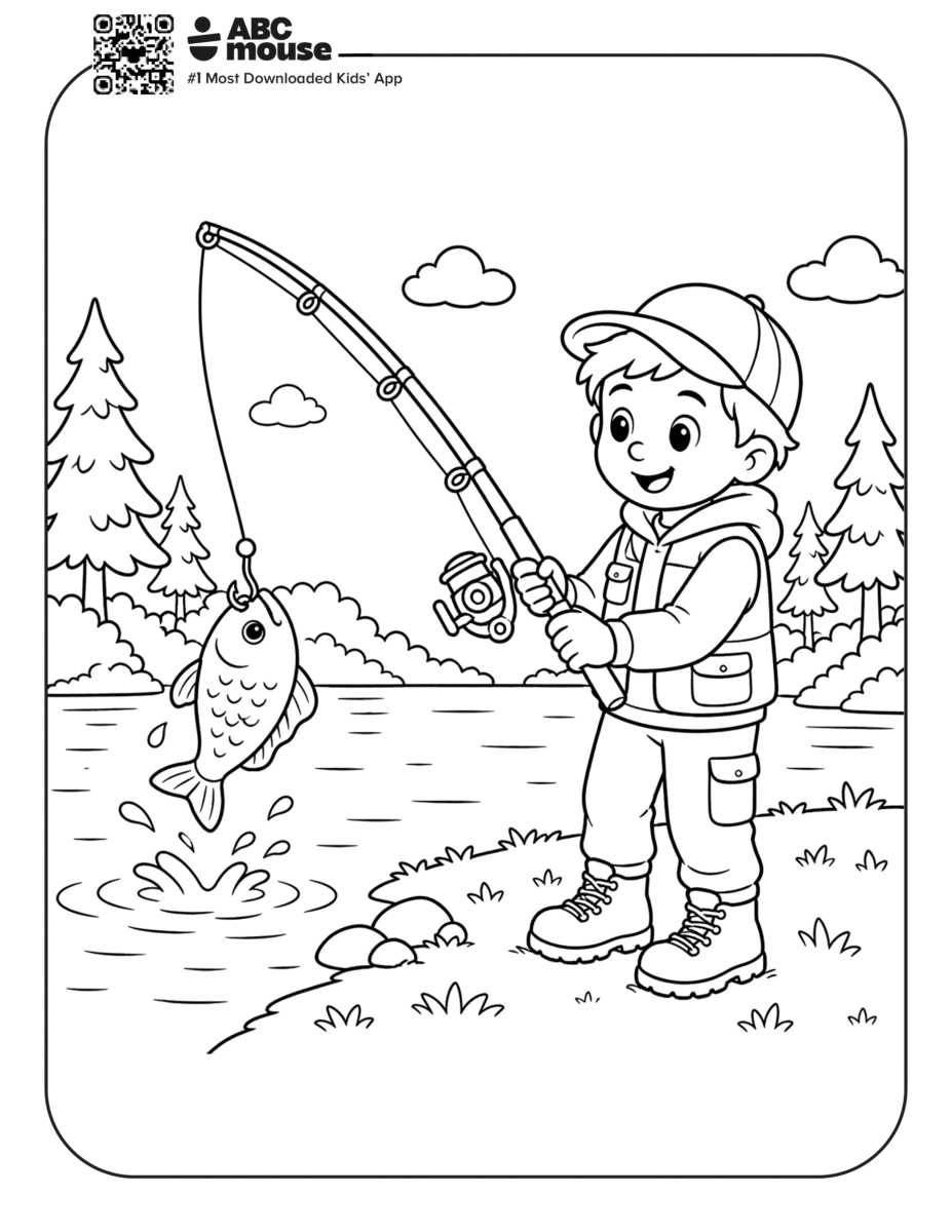 Free printable boy fishing camping themed coloring page for kids from ABCmouxe.com.
