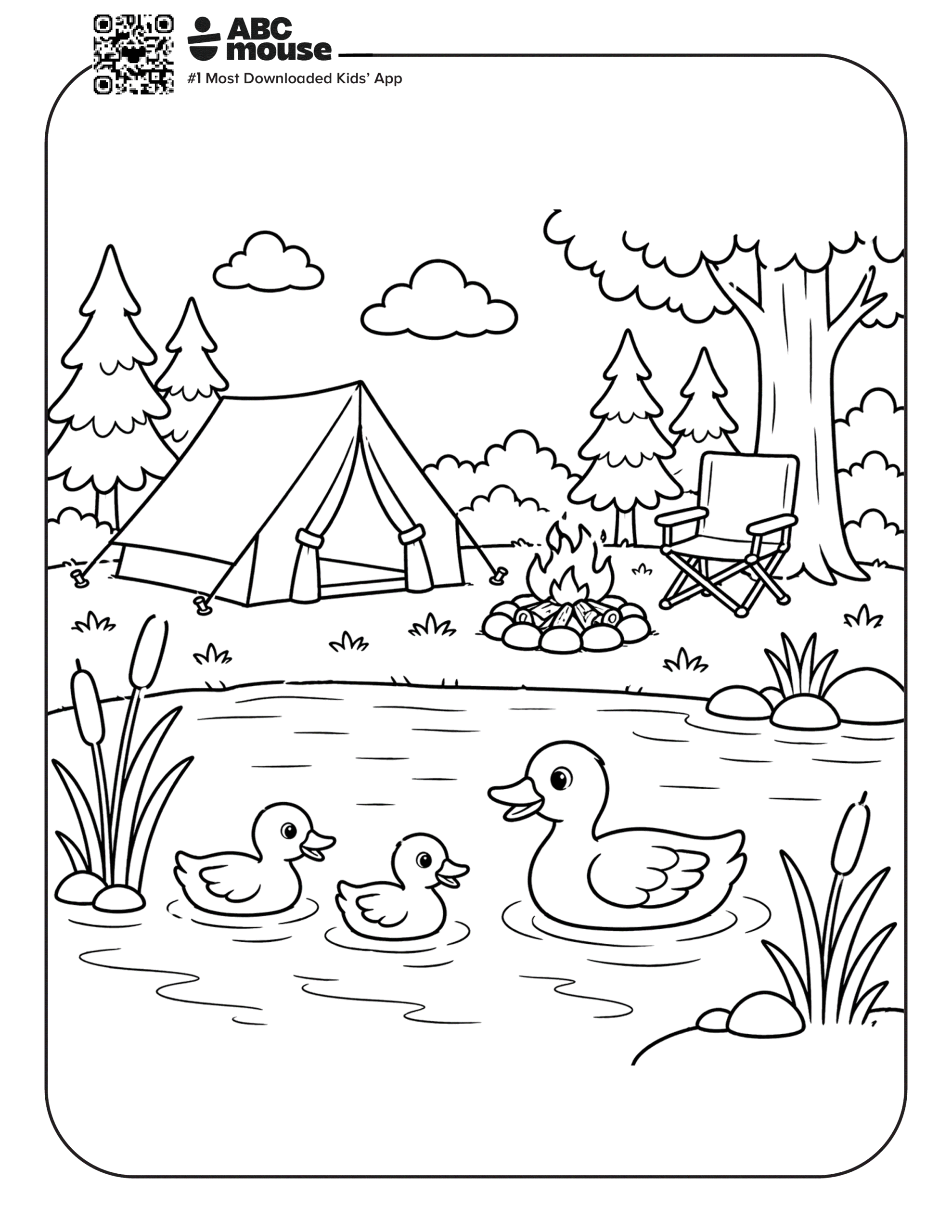 Free printable ducks on a pond by a tent camping themed coloring page for kids from ABCmouxe.com.