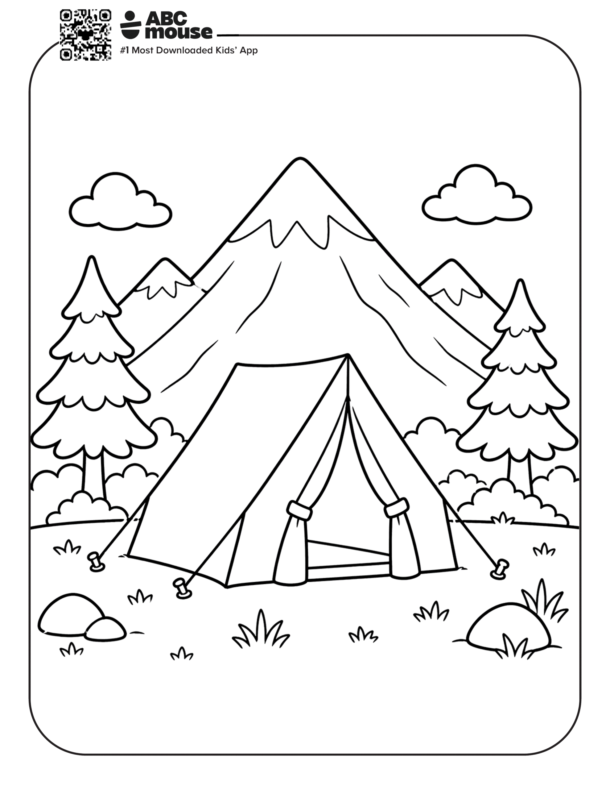 Free printable tent by a mountain camping themed coloring page for kids from ABCmouxe.com.