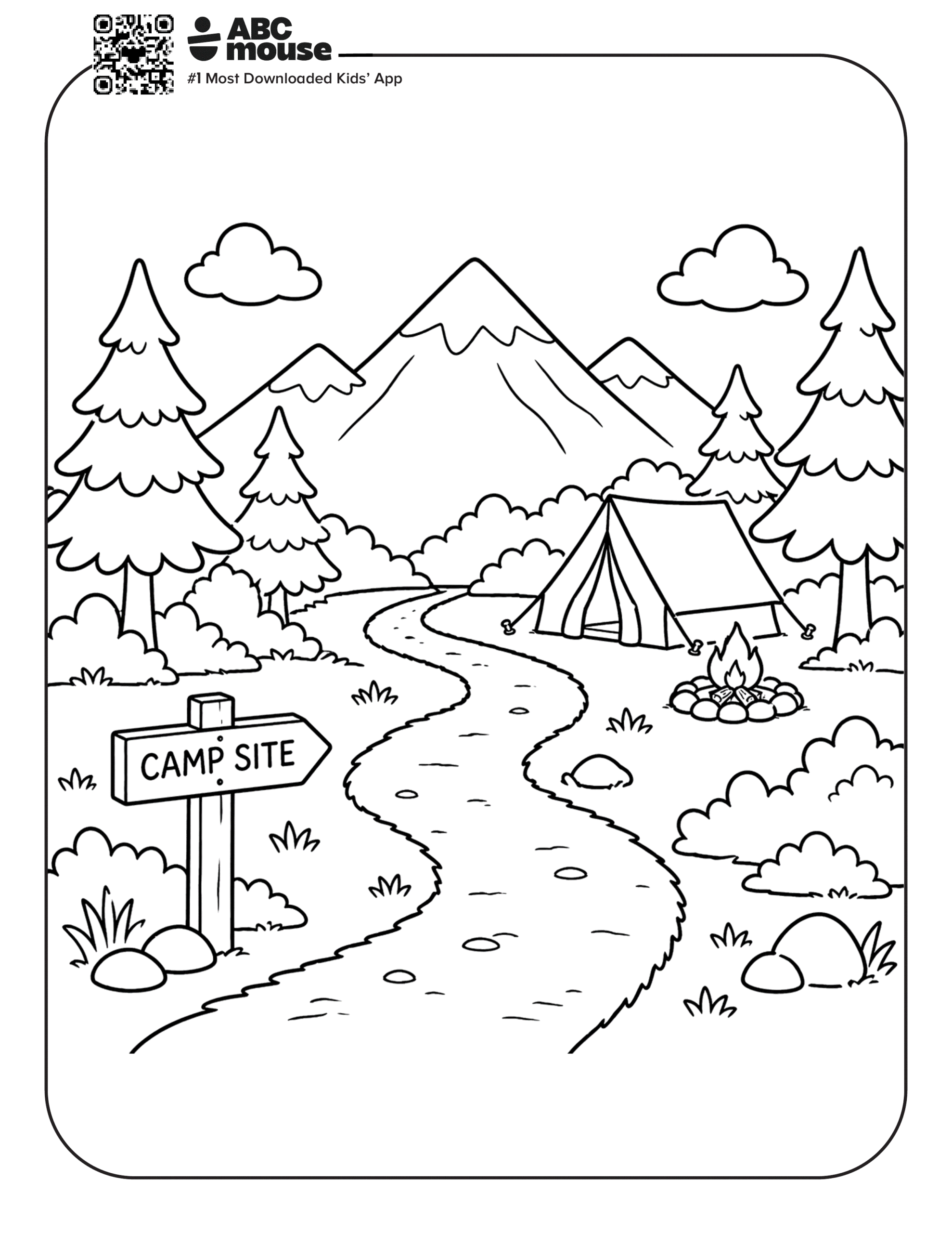 Free printable path to a tent camping themed coloring page for kids from ABCmouxe.com.