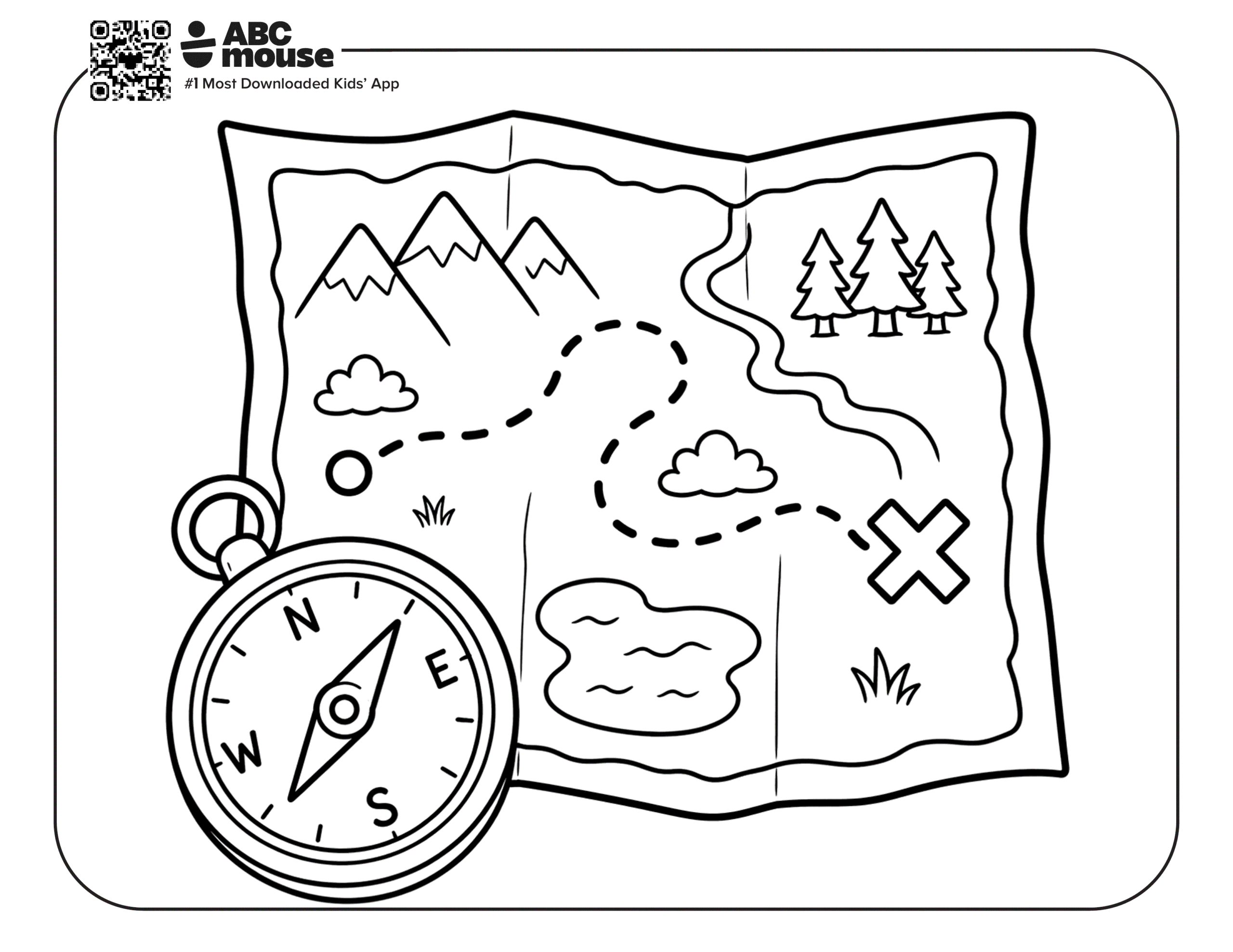 Free printable map and compass camping themed coloring page for kids from ABCmouxe.com.