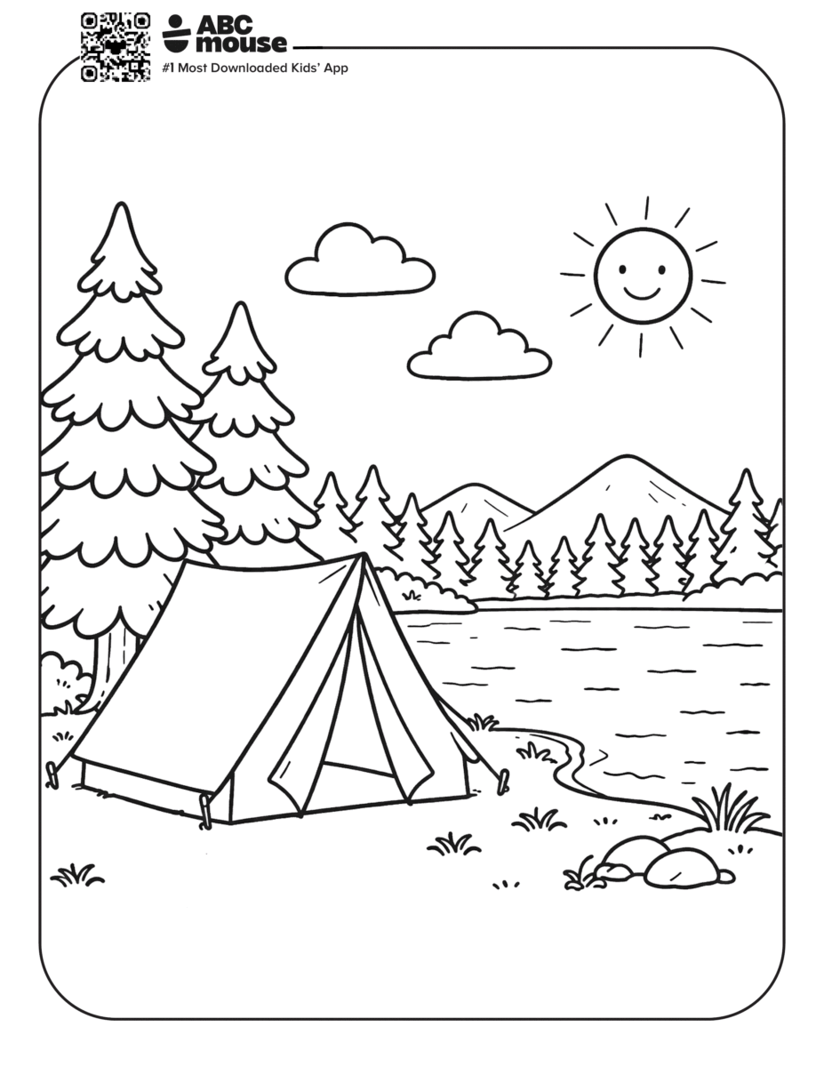Free printable tent near a lake camping themed coloring page for kids from ABCmouxe.com.