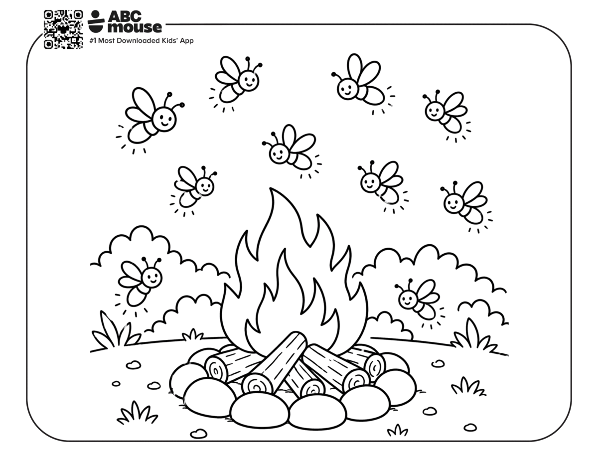 Free printable campfire with fireflies camping themed coloring page for kids from ABCmouxe.com.