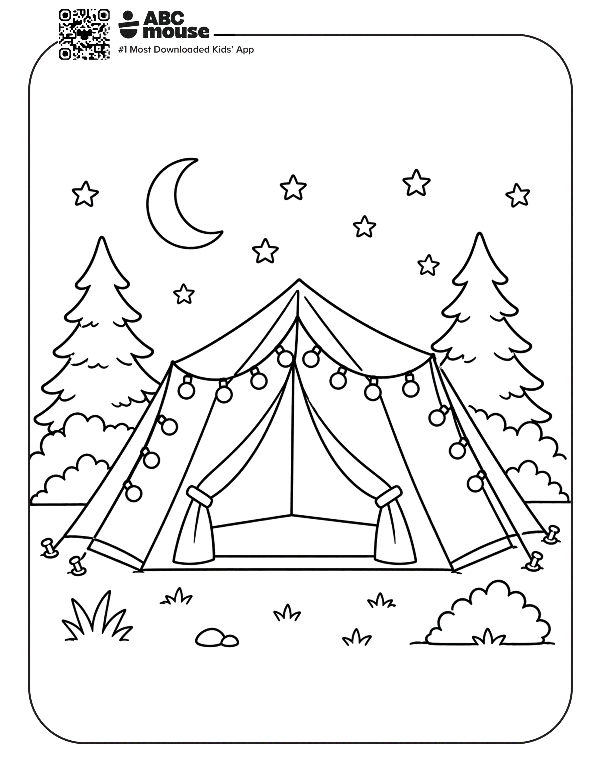 Free printable fancy tent camping themed coloring page for kids from ABCmouxe.com.