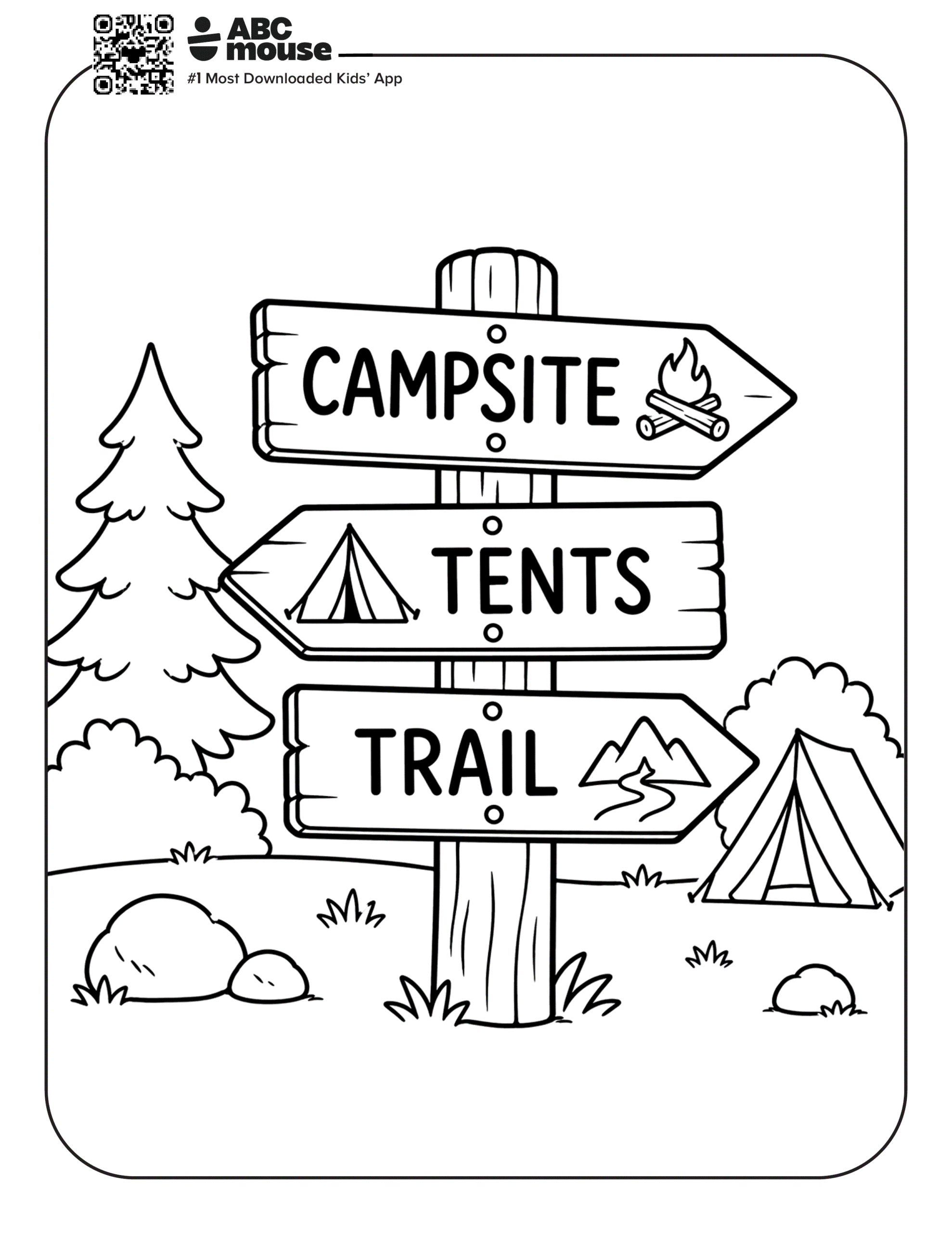 Free printable trail sign camping themed coloring page for kids from ABCmouxe.com.