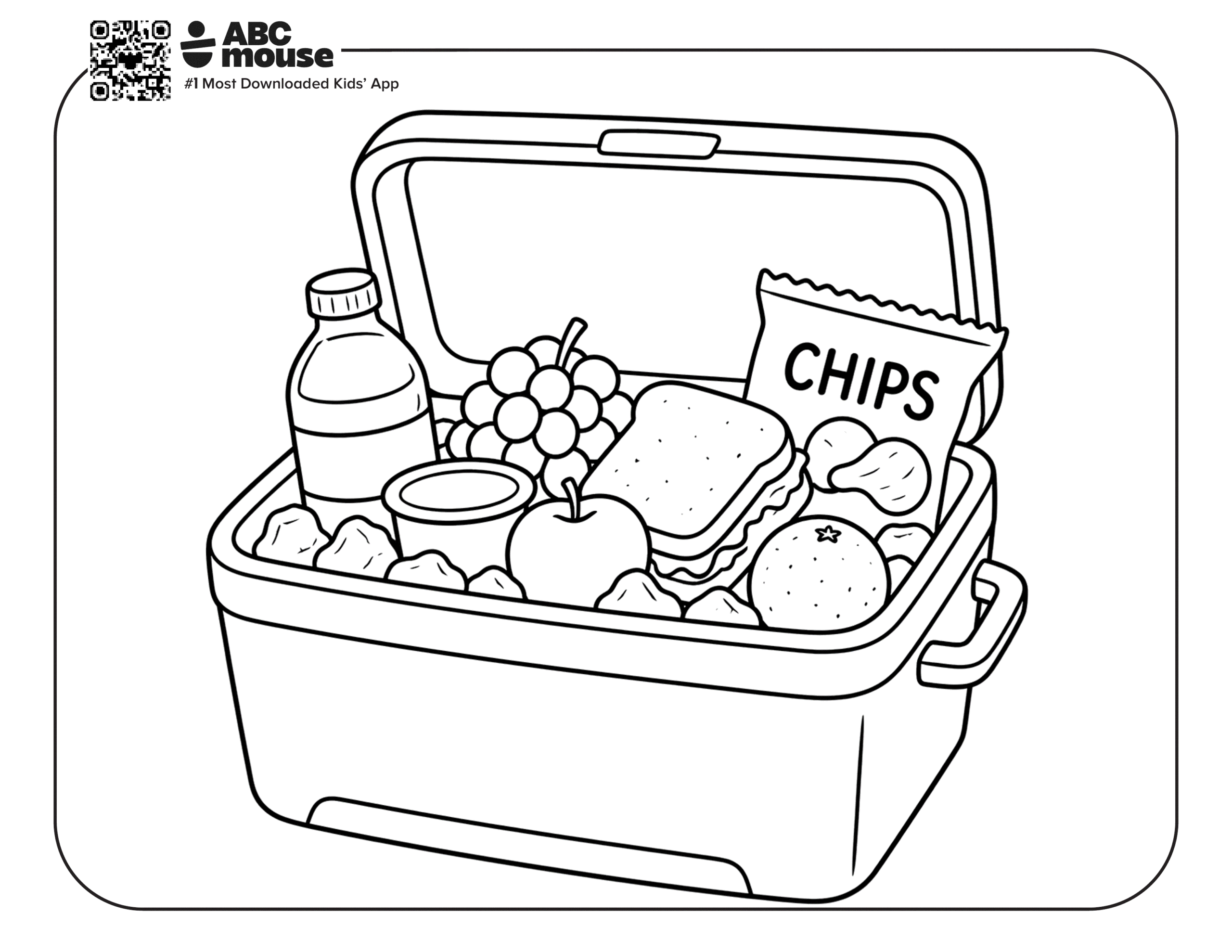 Free printable cooler of food camping themed coloring page for kids from ABCmouxe.com.