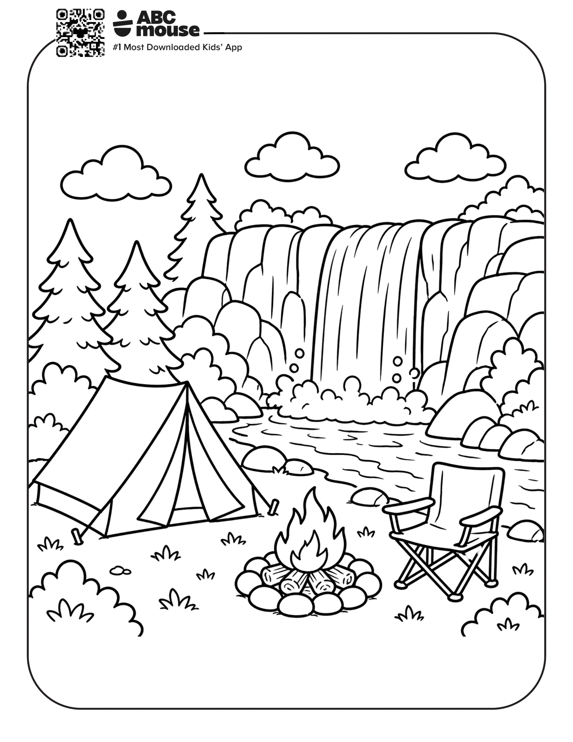 Free printable campsite by a waterfall camping themed coloring page for kids from ABCmouxe.com.