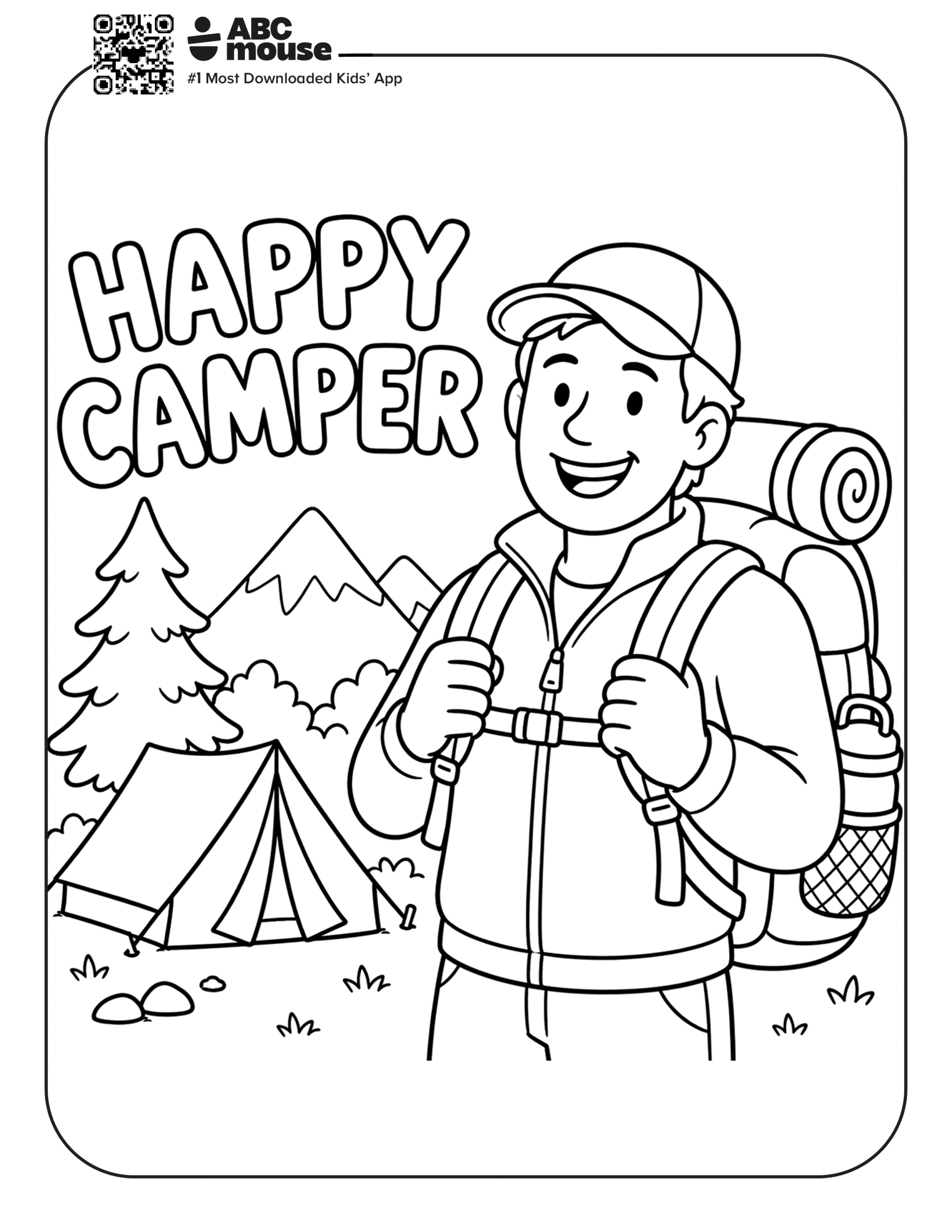 Free printable happy camper camping themed coloring page for kids from ABCmouxe.com.