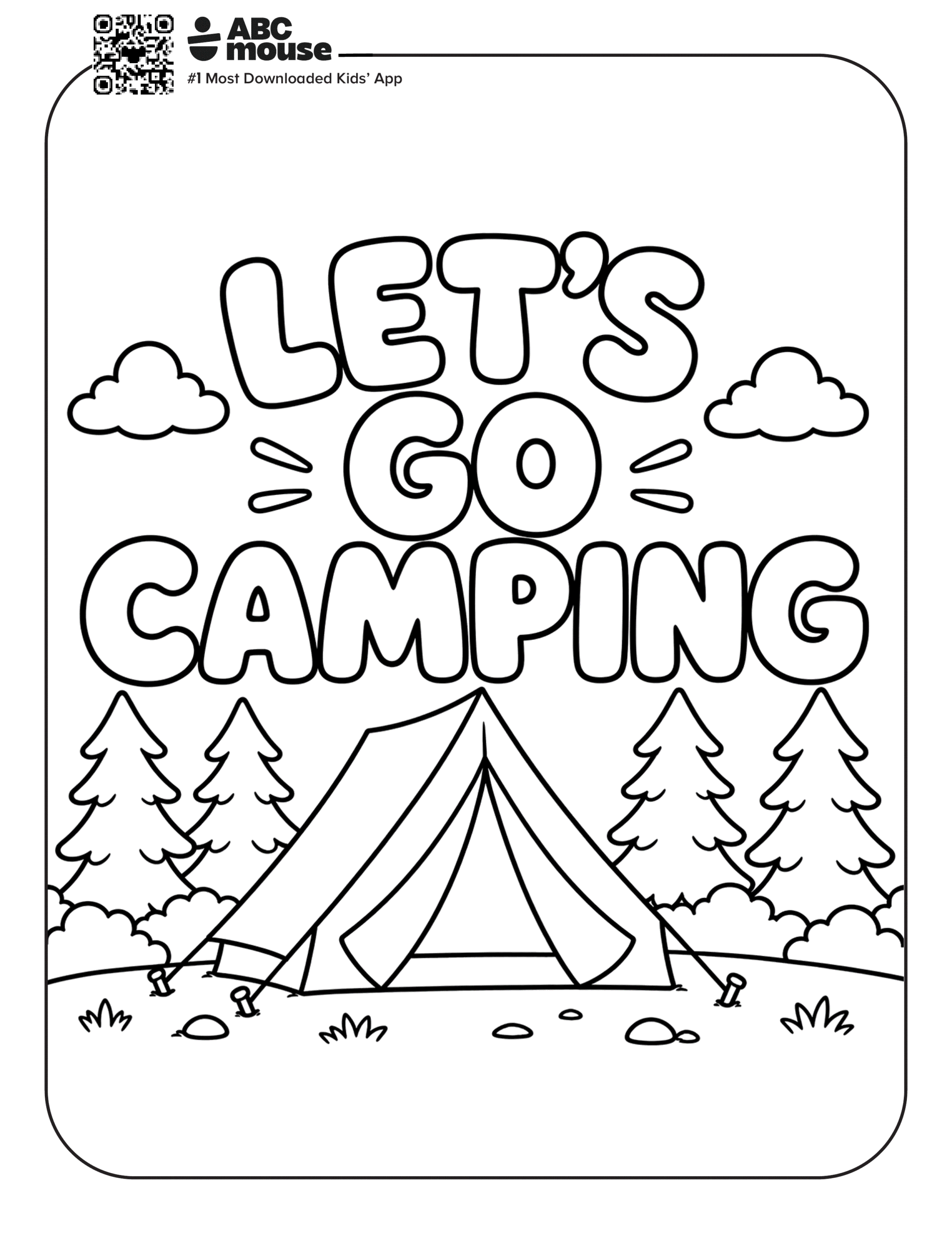 Free printable let's go camping themed coloring page for kids from ABCmouxe.com.