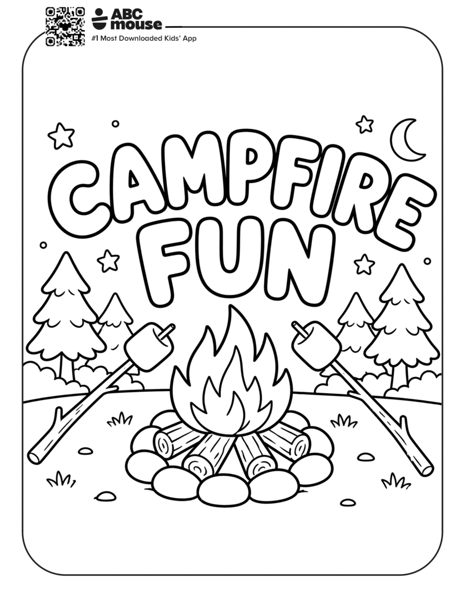 Free printable campfire fun camping themed coloring page for kids from ABCmouxe.com.