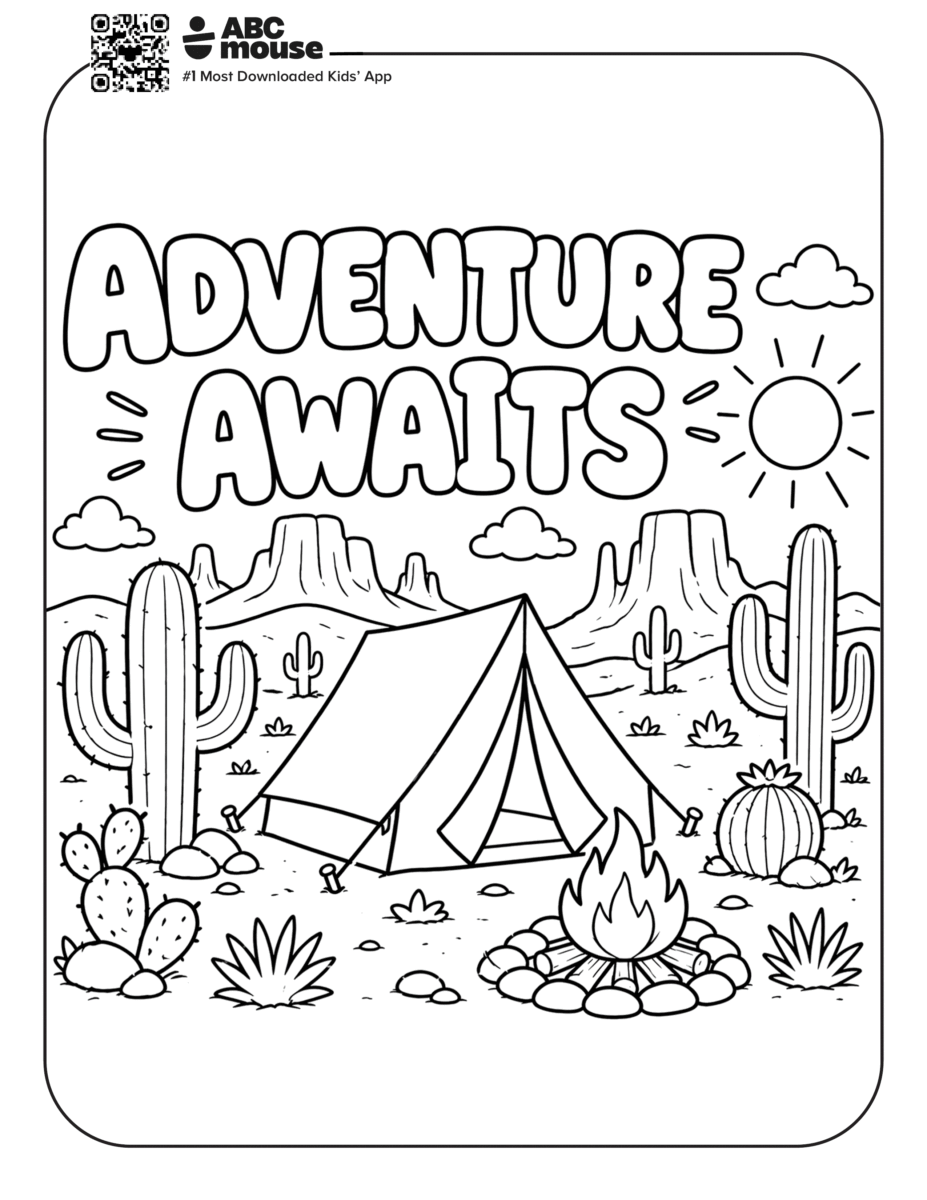 Free printable adventure awaits camping themed coloring page for kids from ABCmouxe.com.