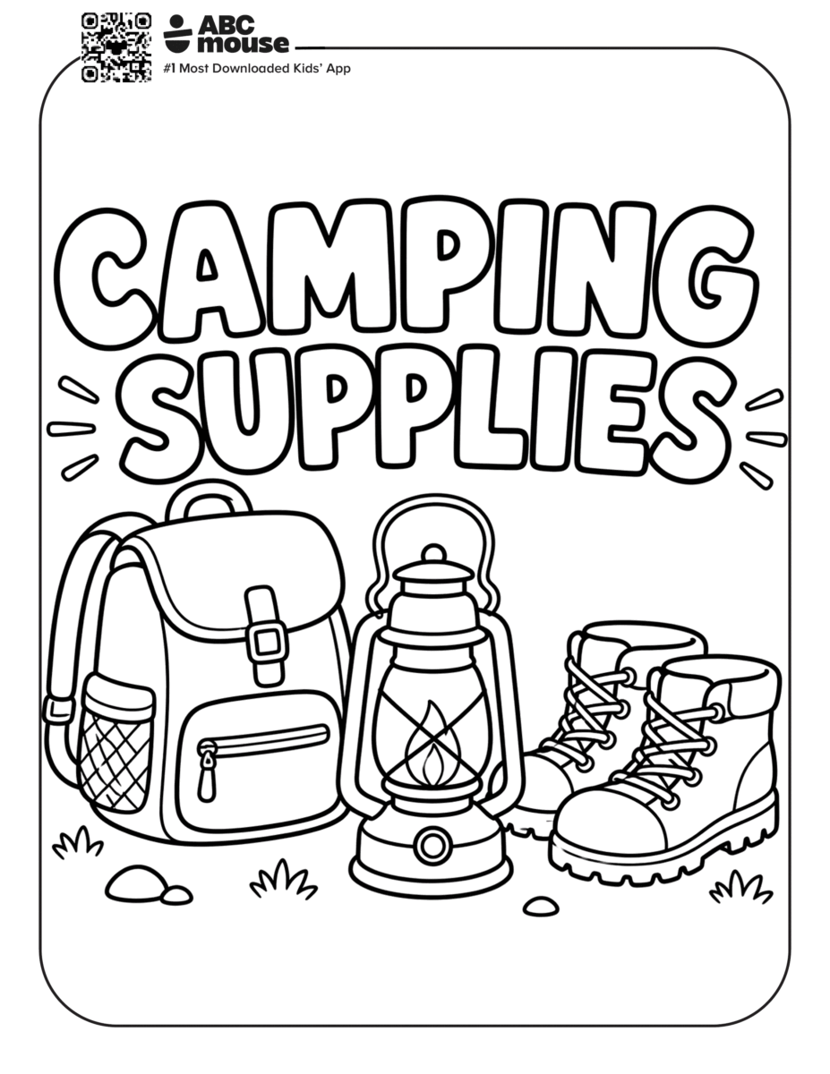 Free printable camping supplies camping themed coloring page for kids from ABCmouxe.com.