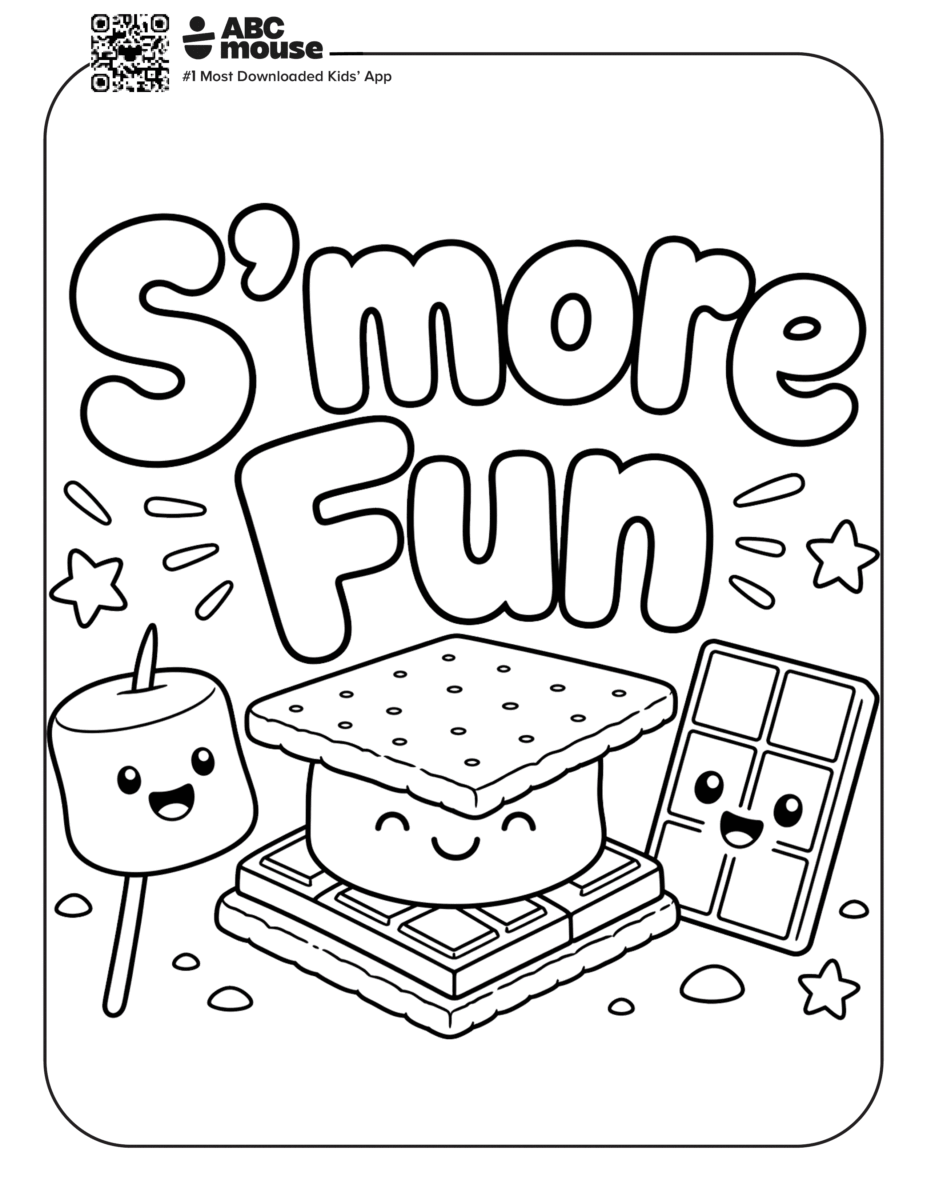 Free printable smore fun camping themed coloring page for kids from ABCmouxe.com.