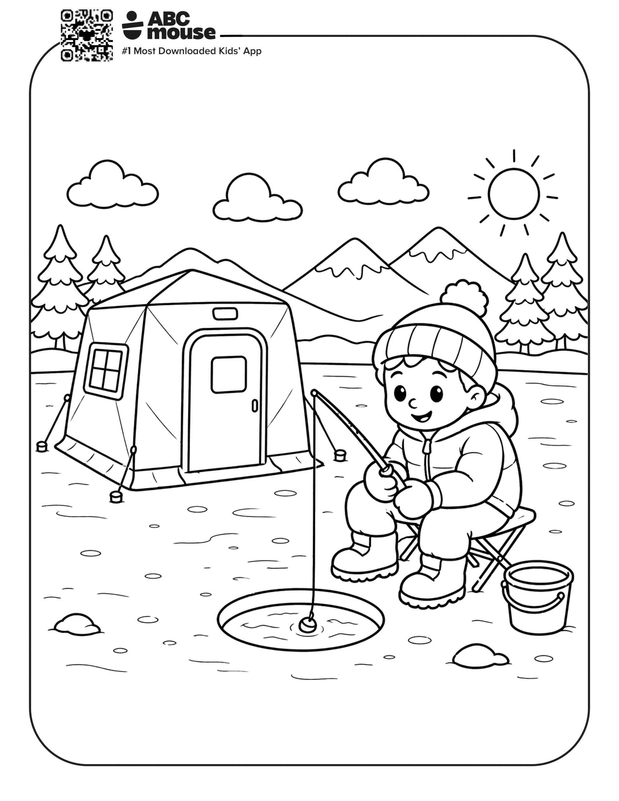 Free printable ice fishing camping themed coloring page for kids from ABCmouxe.com.