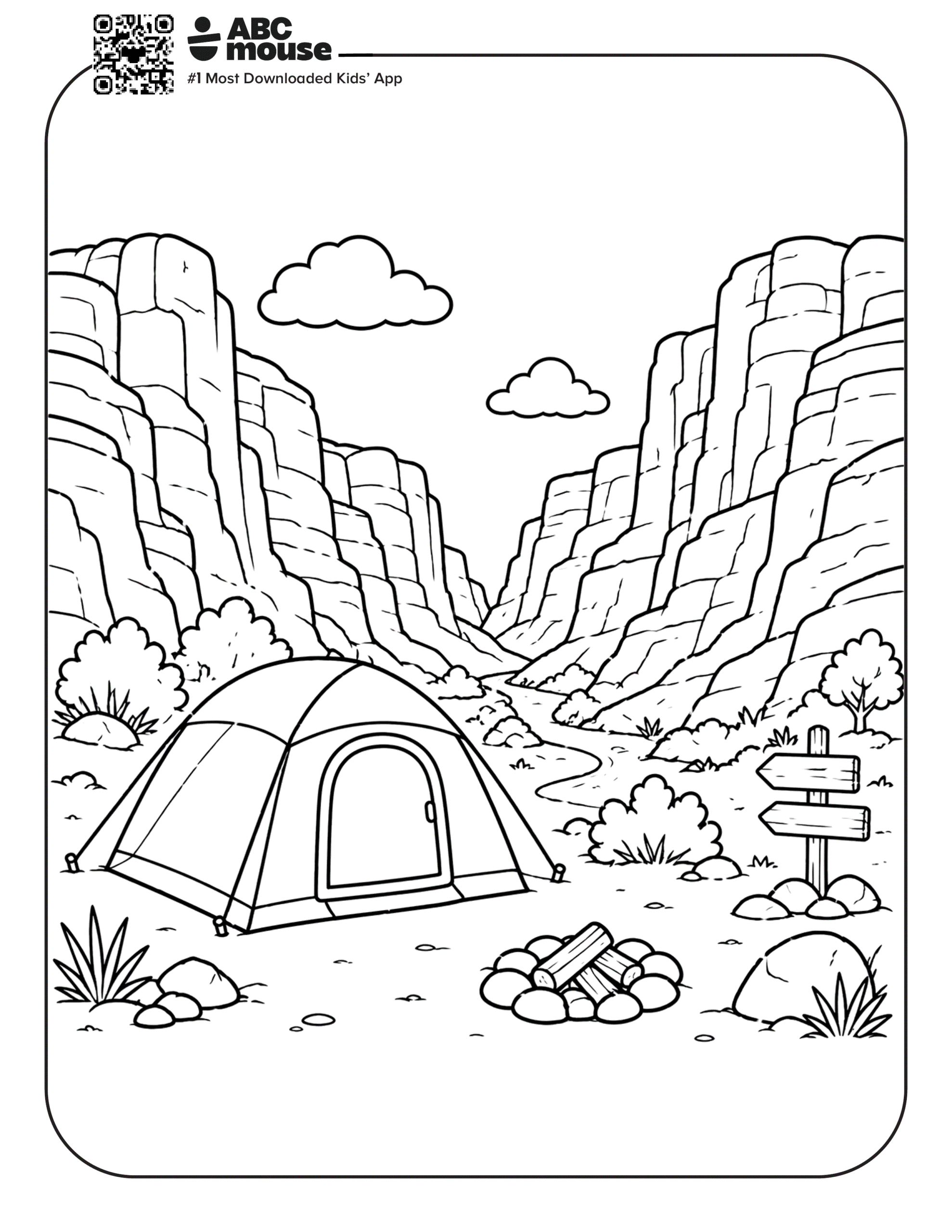 Free printable tent in a canyon camping themed coloring page for kids from ABCmouxe.com.