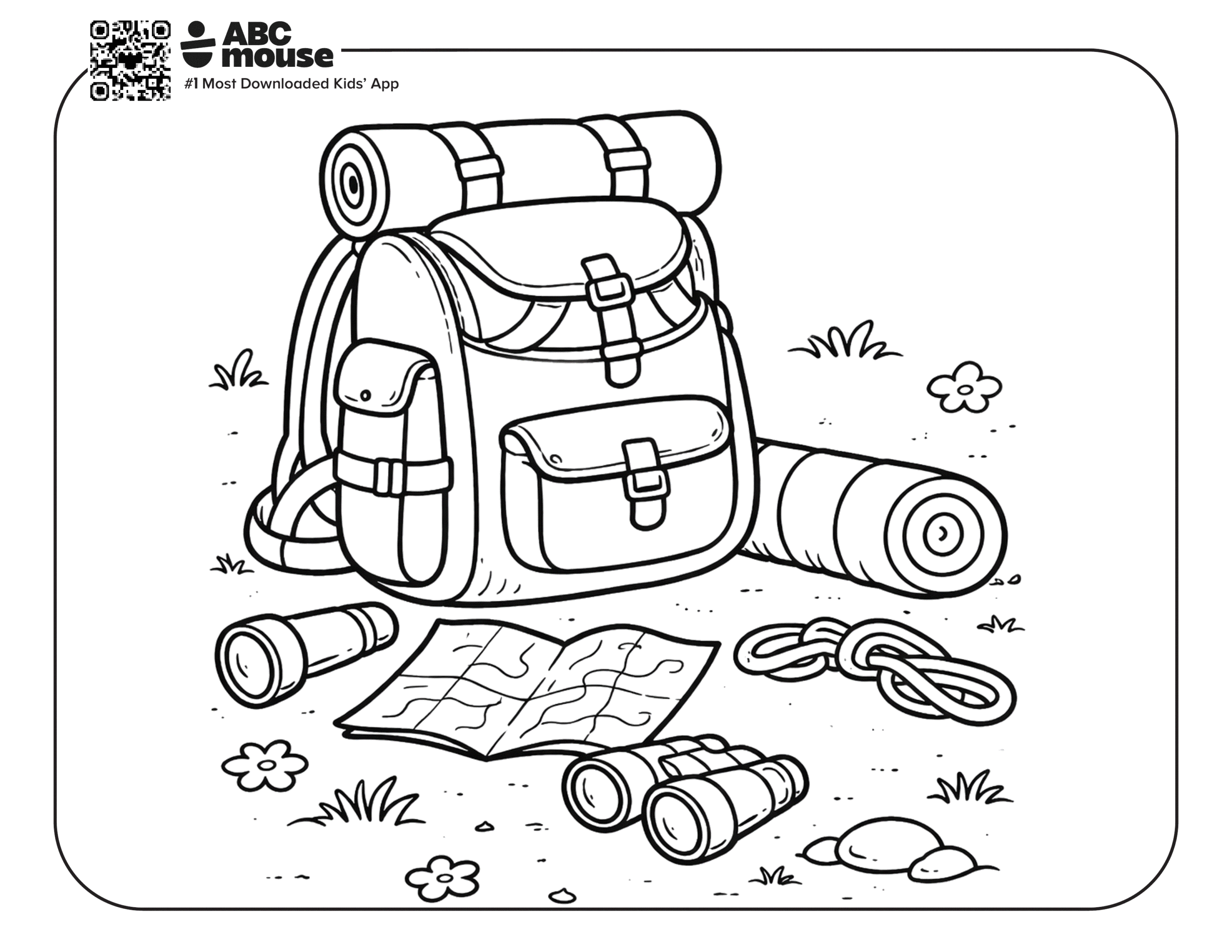 Free printable camper supplies camping themed coloring page for kids from ABCmouxe.com.