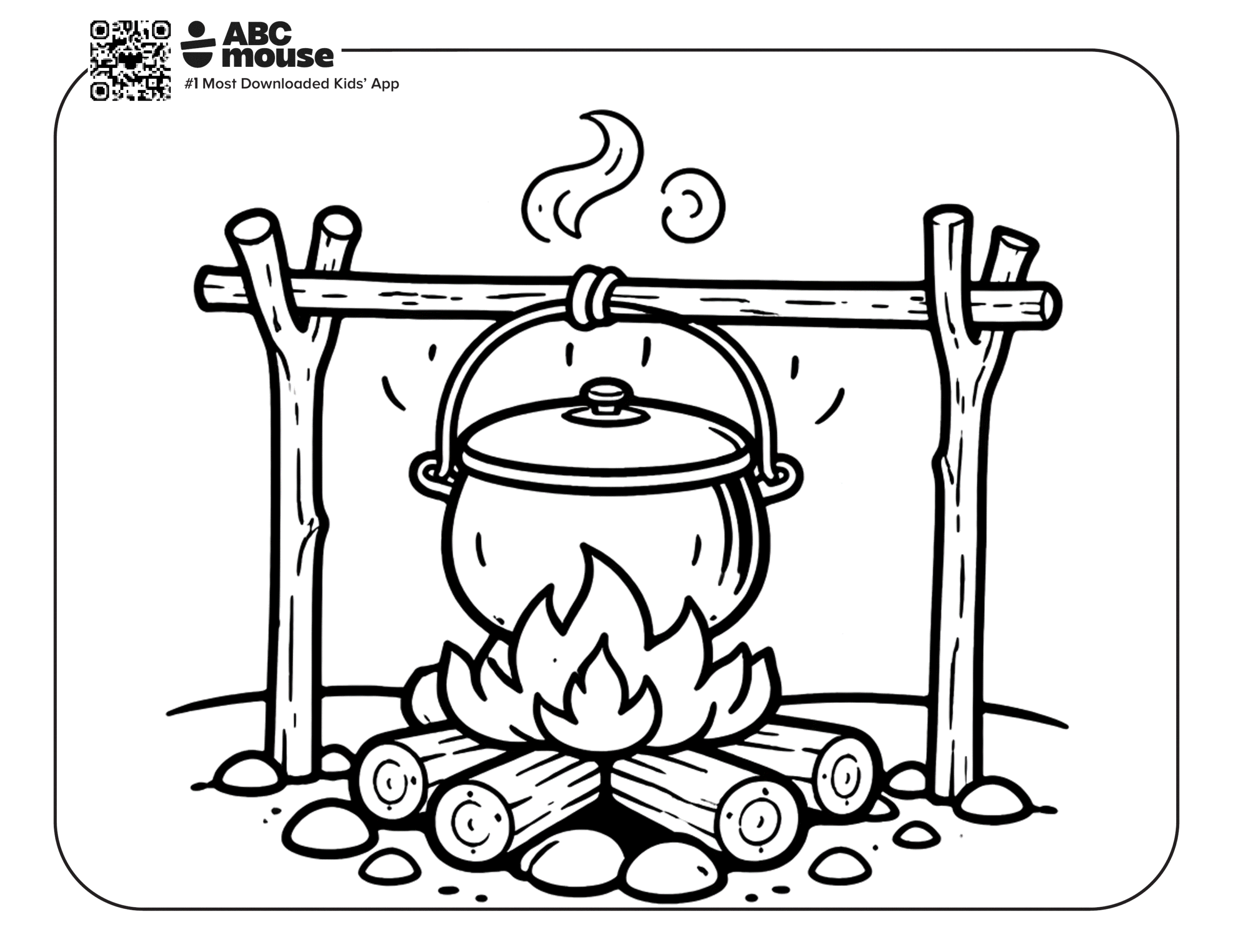 Free printable pot over fire camping themed coloring page for kids from ABCmouxe.com.