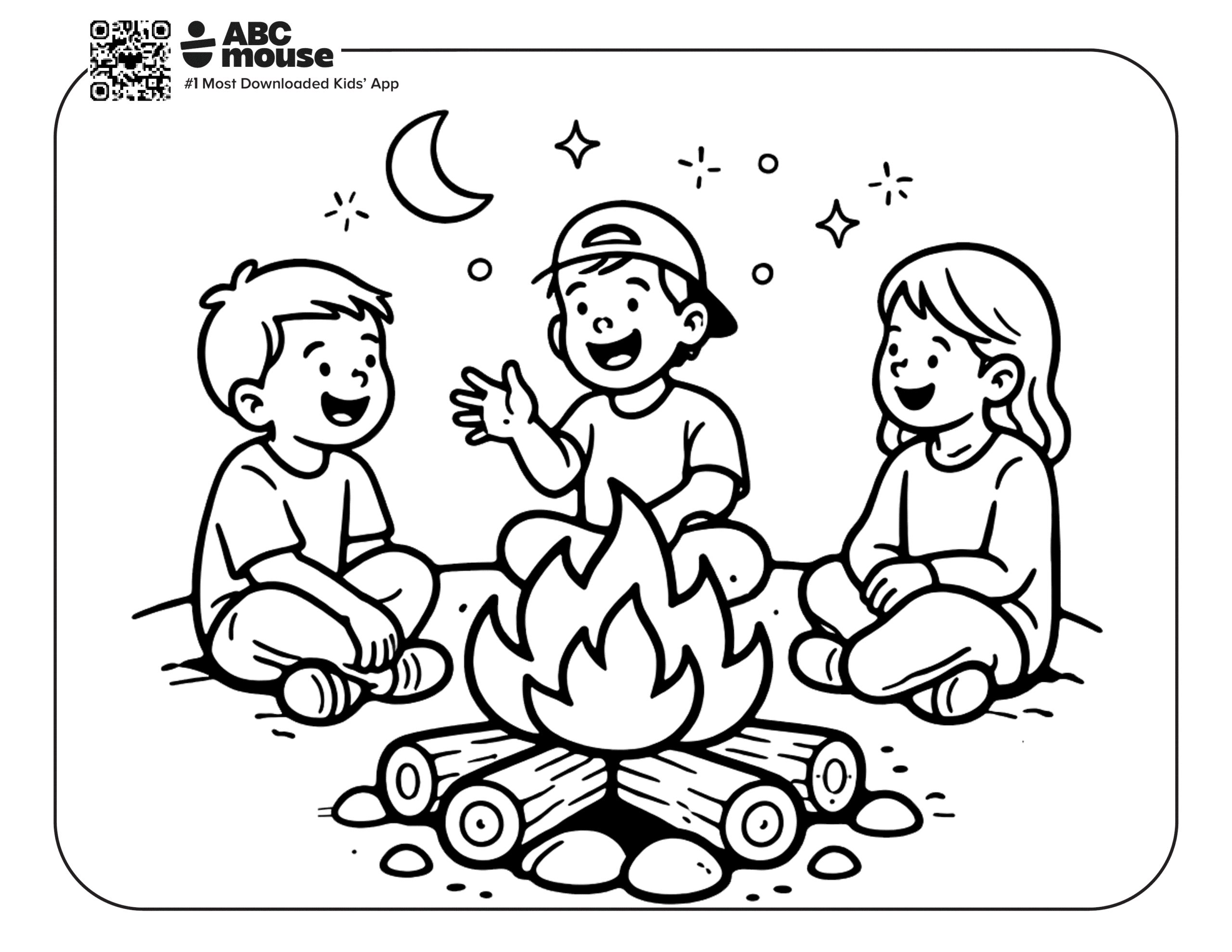 Free printable kids around a camp fire camping themed coloring page for kids from ABCmouxe.com.