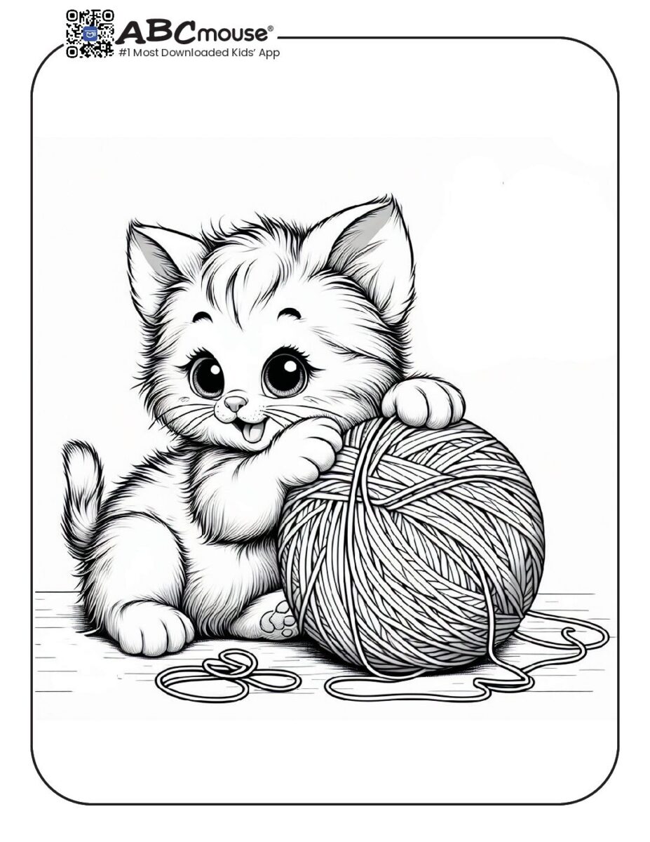 Kitten Hugging Yarn Ball Coloring Page | ABCmouse