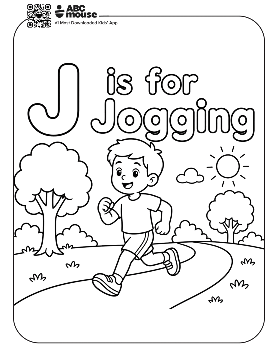 Free printable letter J is for jogging coloring pages for kids from ABCmouse.com.