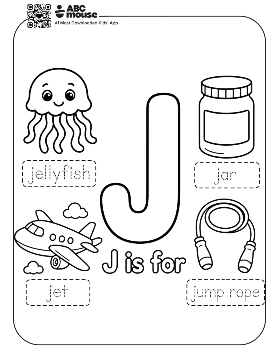 Free printable letter J is for jellyfish, jar, jet, jump rope coloring pages for kids from ABCmouse.com.
