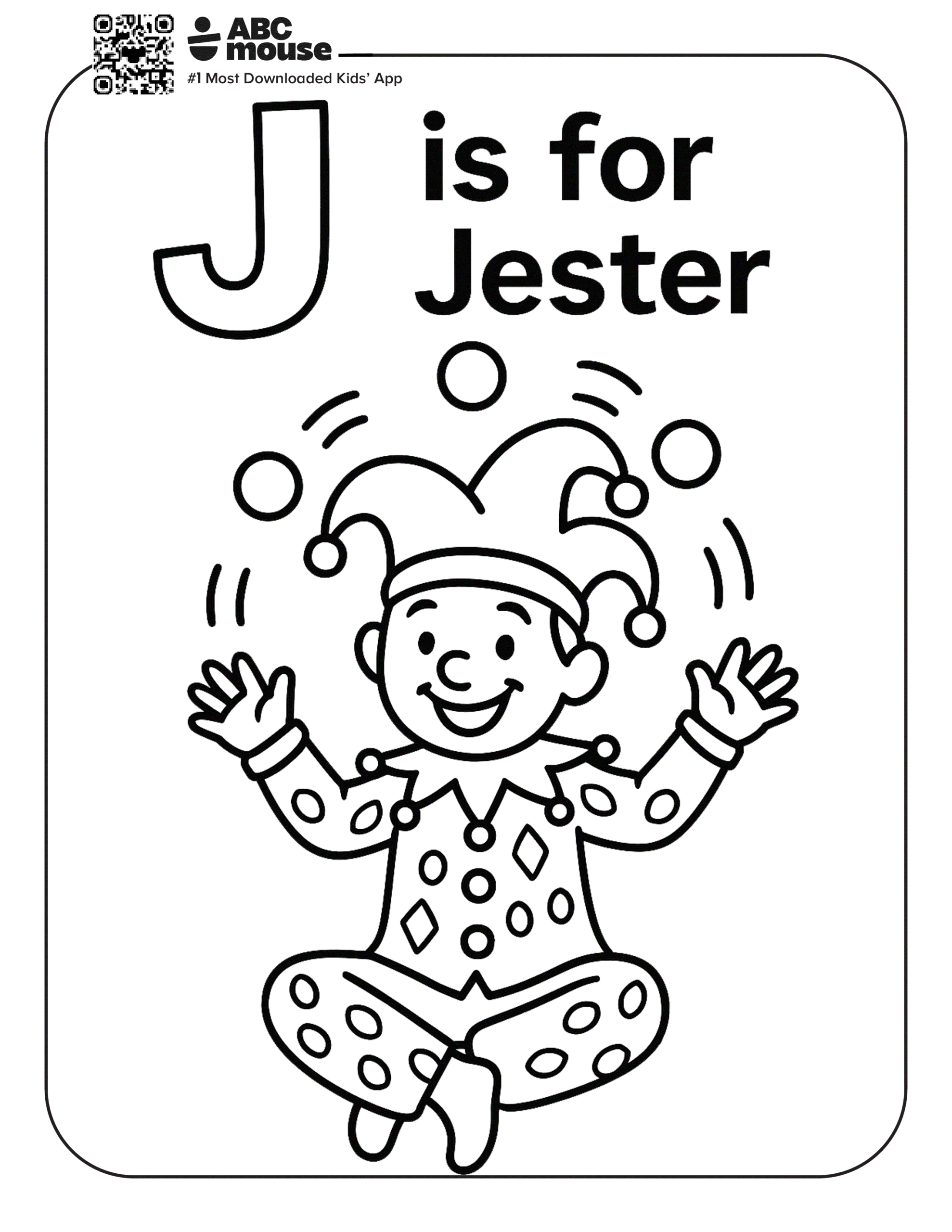 Free printable letter J is for jester coloring pages for kids from ABCmouse.com.