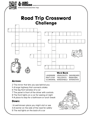 Free printable road trip challenge crossword for kids from ABCmouse.com.