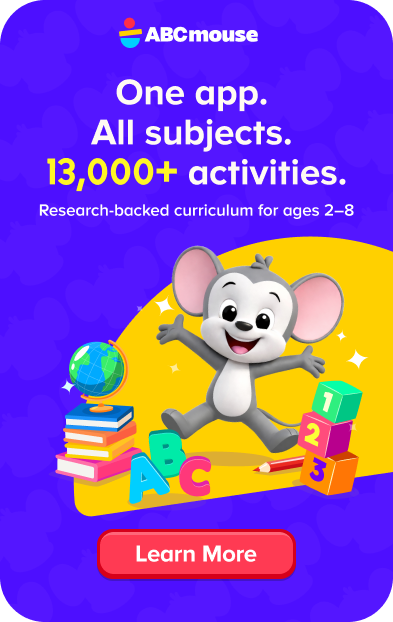 ABCmouse promo banner showing a cheerful mouse with books and blocks; highlights 13,000+ activities and a curriculum for ages 2–8, with a Learn More button.