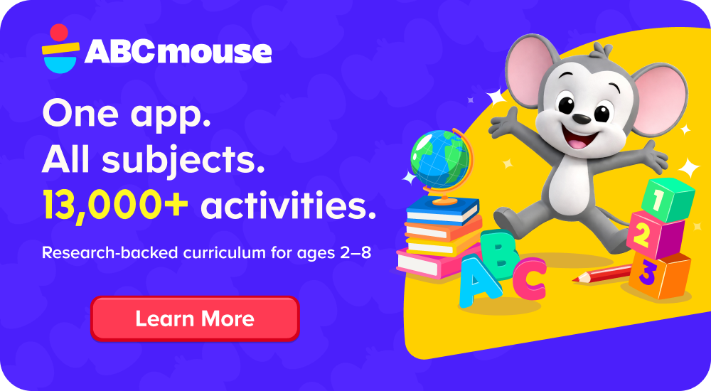 ABCmouse hero banner with logo, cheerful mouse, books and ABC blocks; promotes 13,000+ activities for ages 2–8 with a Learn More button.