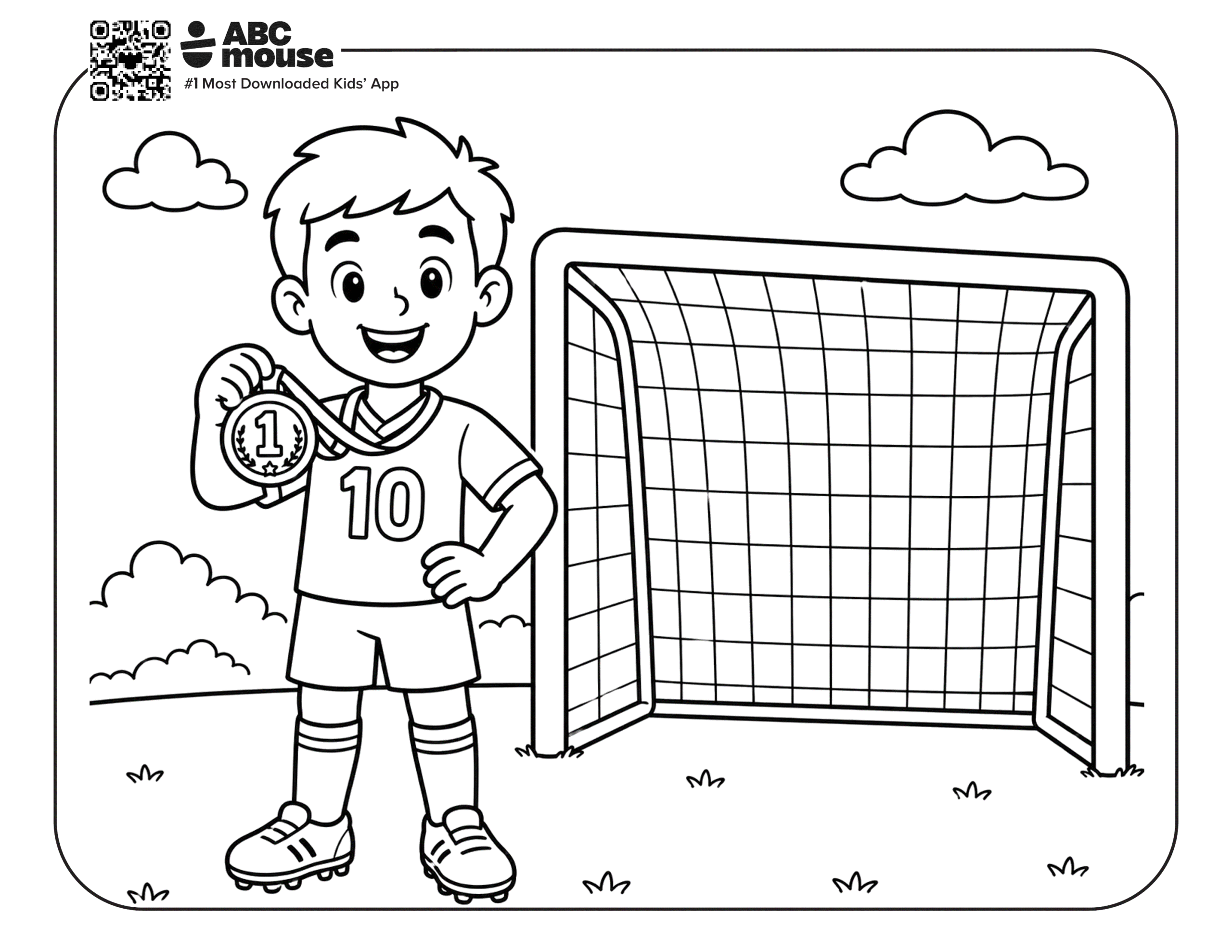 Soccer Player With #1 Medal – Free printable coloring page for kids from ABCmouse featuring a soccer player standing proudly with a number one medal beside a goal.
