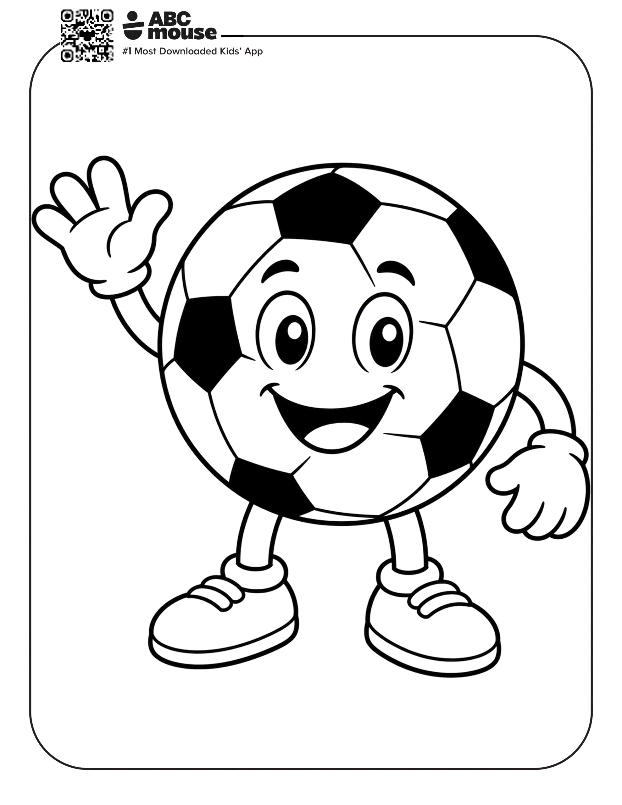 Soccer Ball Waving Hi – Free printable coloring page for kids from ABCmouse featuring a smiling soccer ball character waving hello.