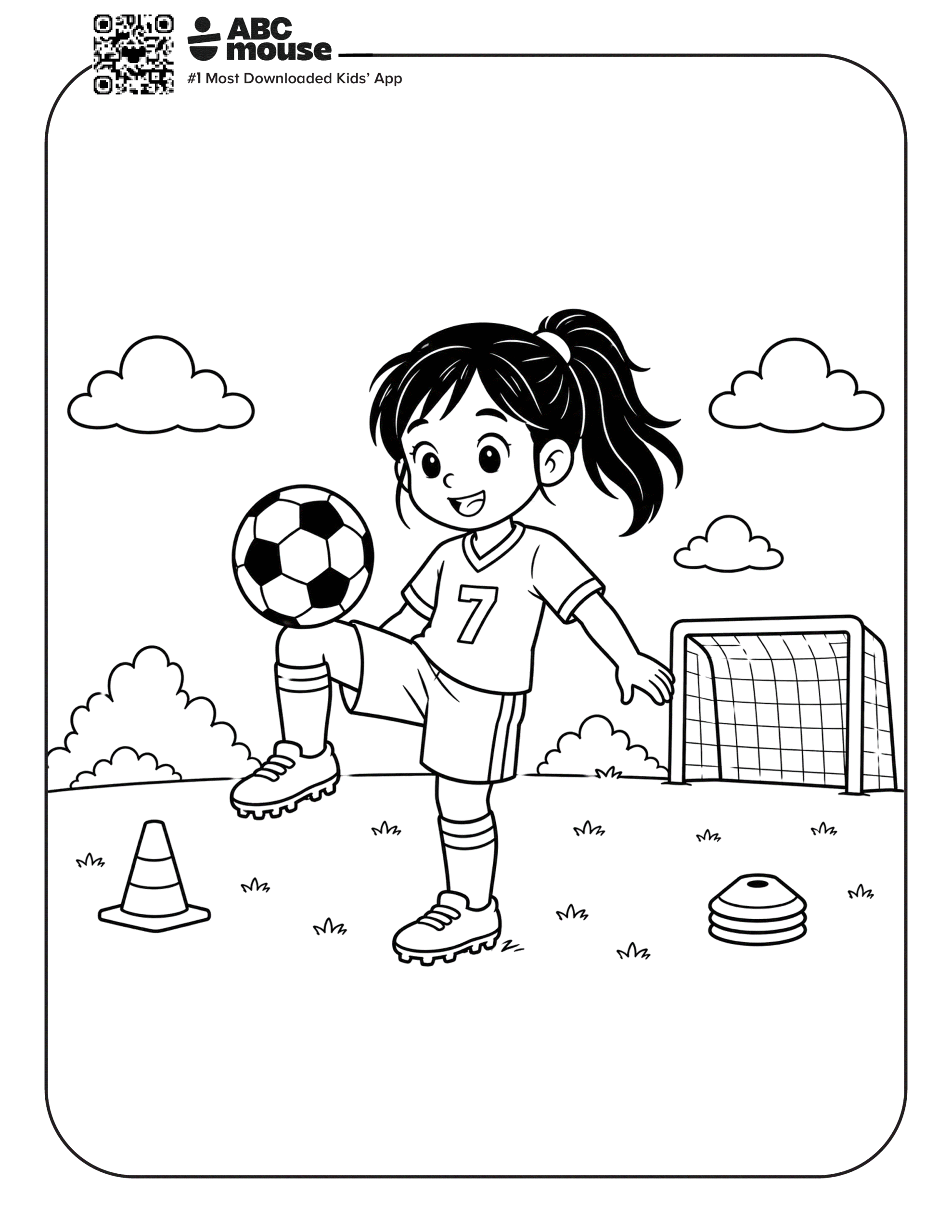 Girl Doing a Knee Up – Free printable coloring page for kids from ABCmouse featuring a girl practicing a soccer knee-up in front of a goal.