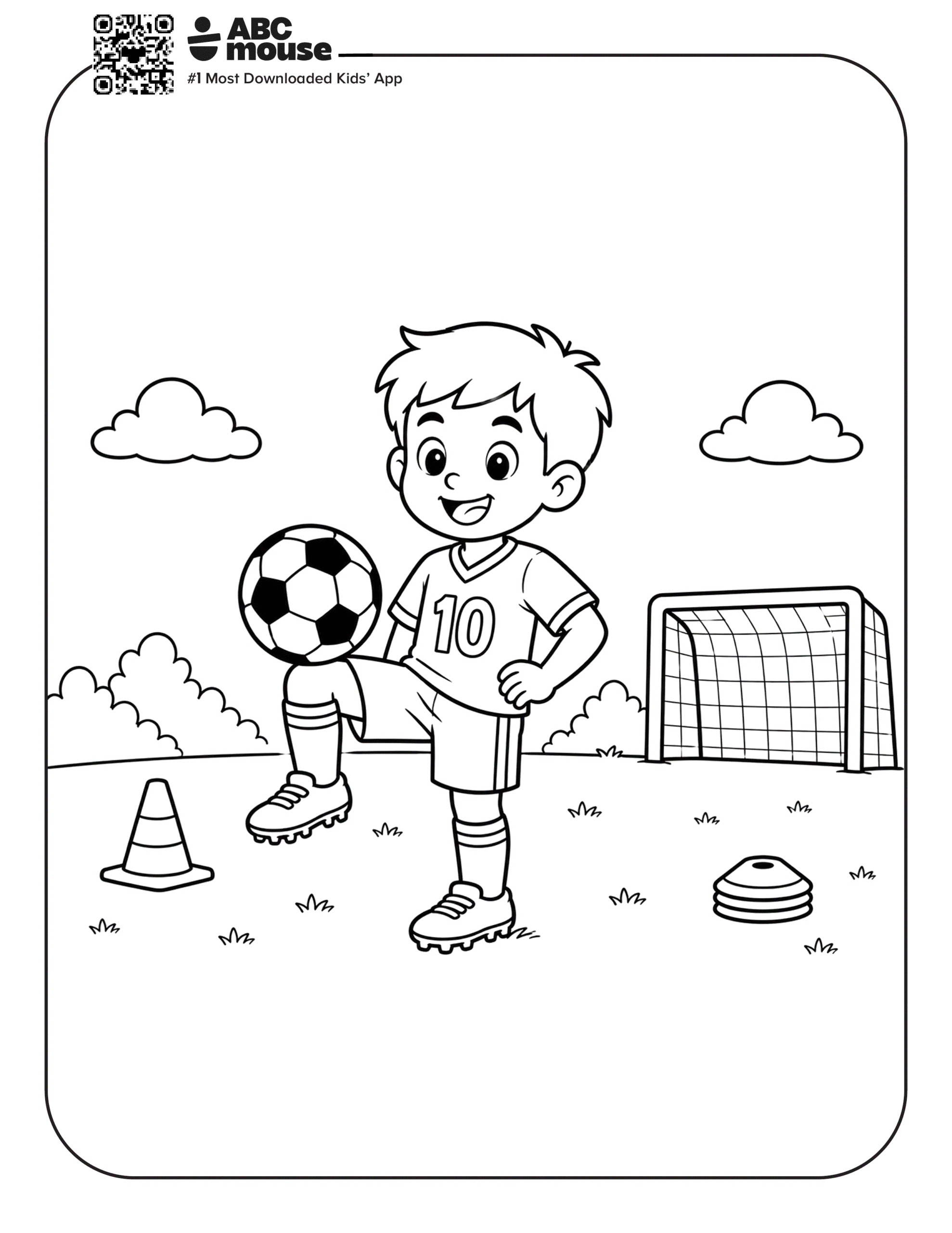 Boy Doing a Knee Up – Free printable coloring page for kids from ABCmouse featuring a boy juggling a soccer ball with his knee on a soccer field.