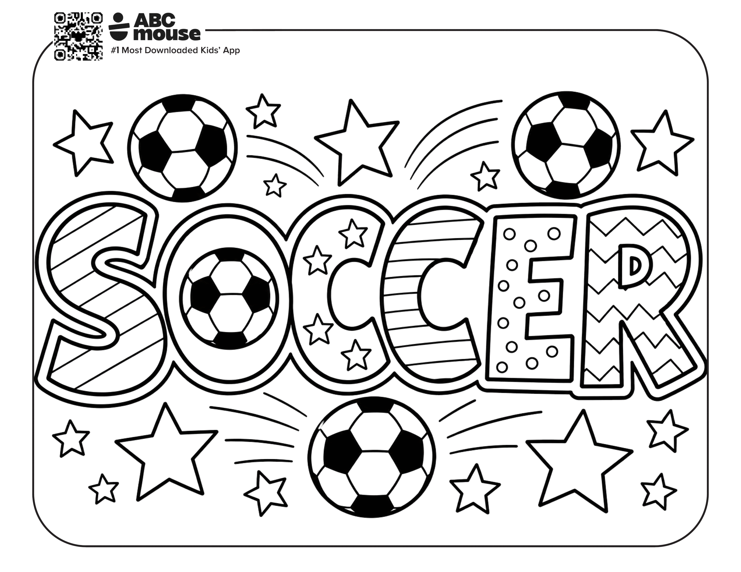 Decorative Soccer Banner – Free printable coloring page for kids from ABCmouse featuring a decorative soccer-themed banner with soccer balls, stars, and bold lettering.