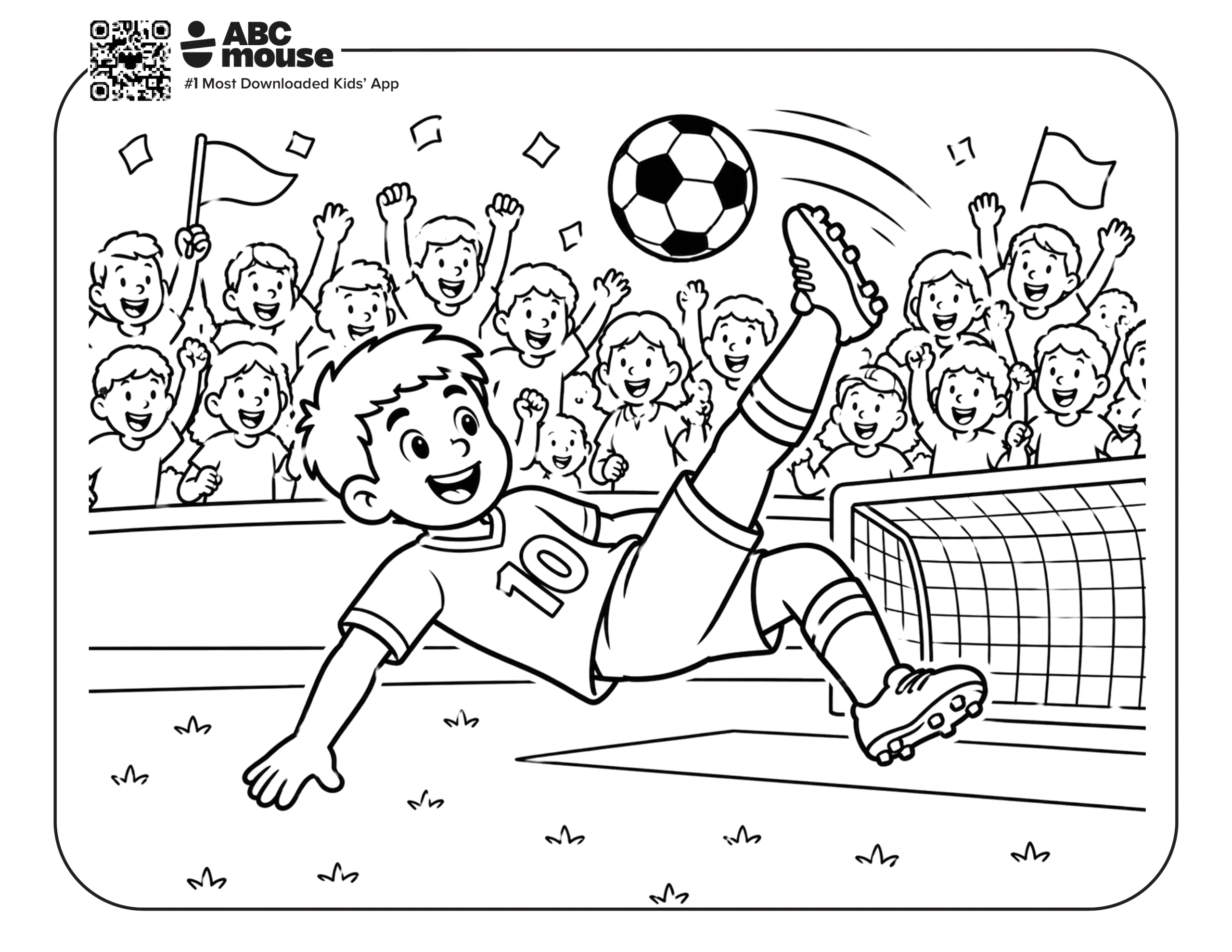 Cool Soccer Kick – Free printable coloring page for kids from ABCmouse featuring a soccer player kicking a ball during an exciting match.