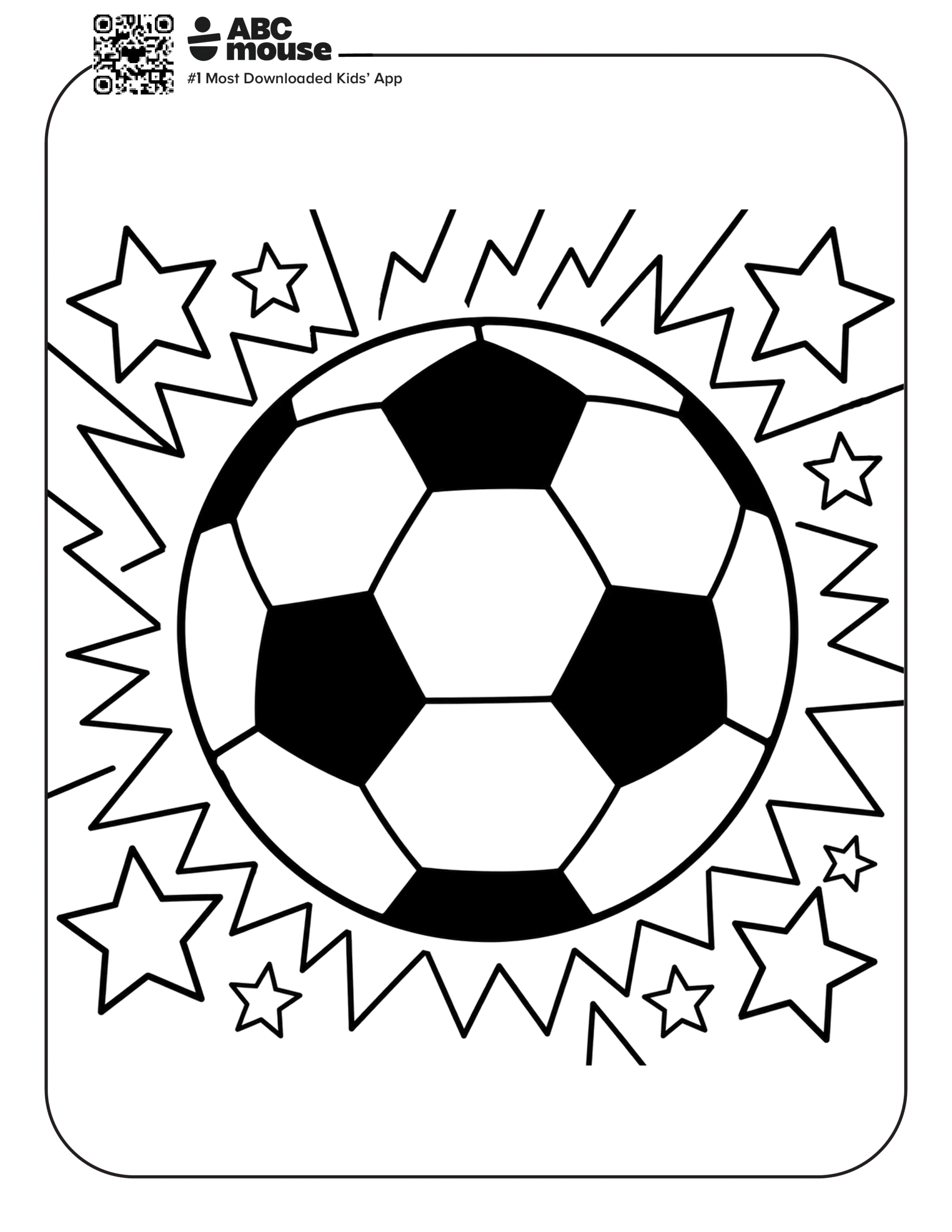 Simple Soccer Ball with Stars – Free printable coloring page for kids from ABCmouse featuring a soccer ball surrounded by stars and action lines.