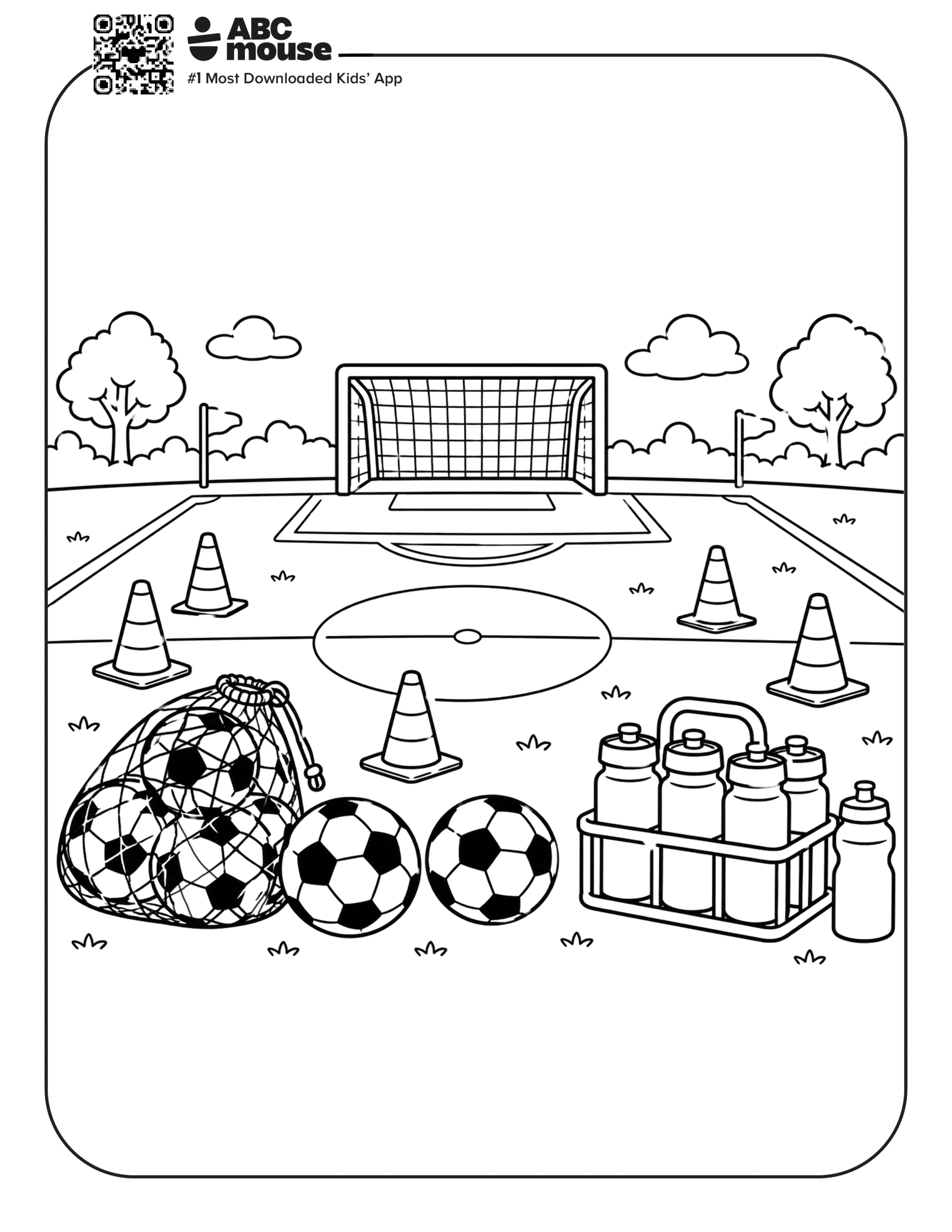 Soccer Field with Bag of Balls – Free printable coloring page for kids from ABCmouse featuring a soccer field with training cones and a bag full of soccer balls.