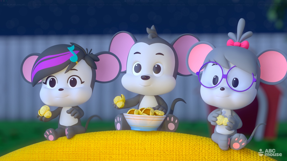Three animated mouse friends smile and hold snacks while gathered together indoors in a colorful animated scene.