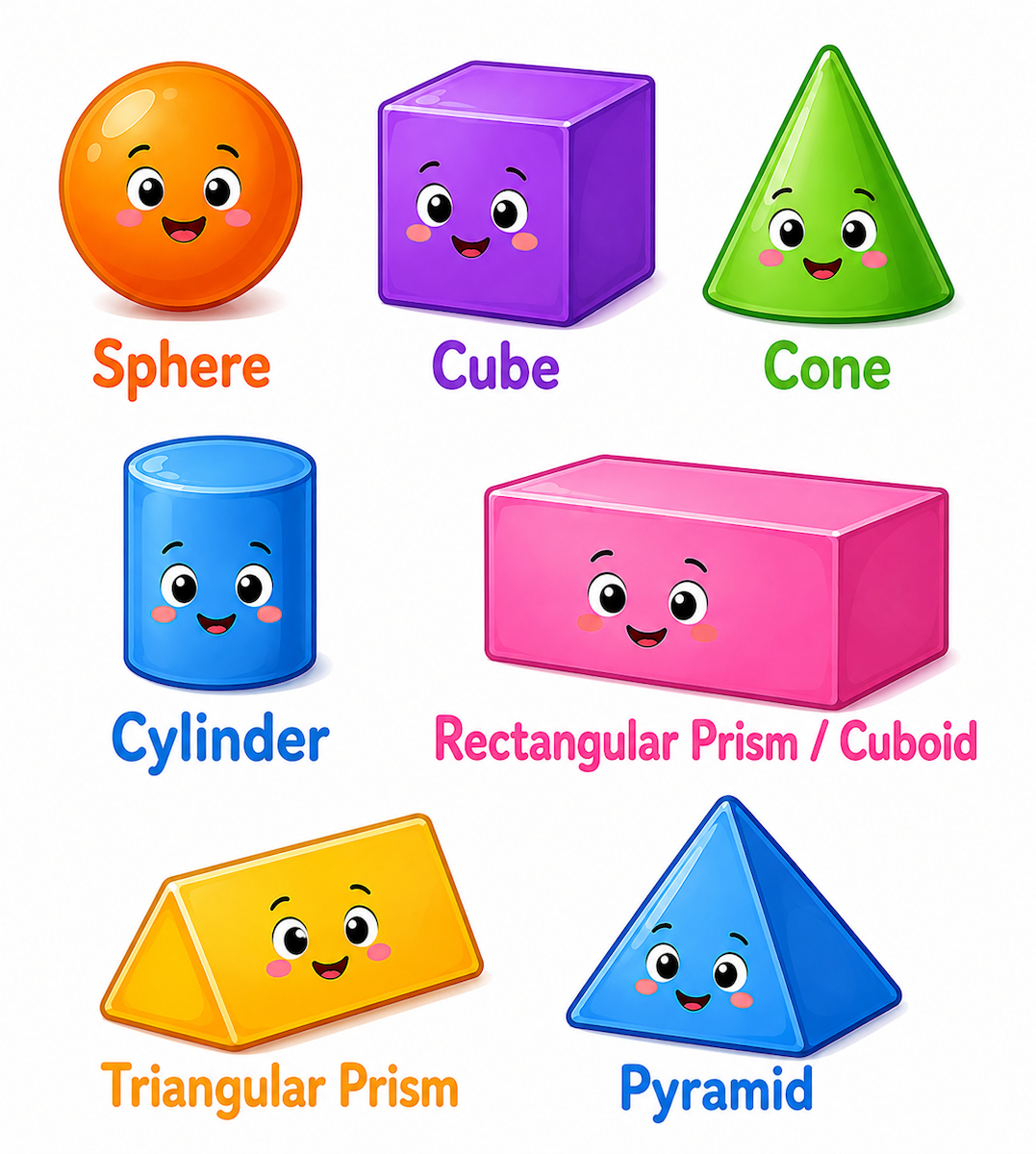 Colorful cartoon 3D shapes for preschool learning, including a sphere, cube, cone, cylinder, rectangular prism or cuboid, triangular prism, and pyramid with smiling faces and labels underneath.