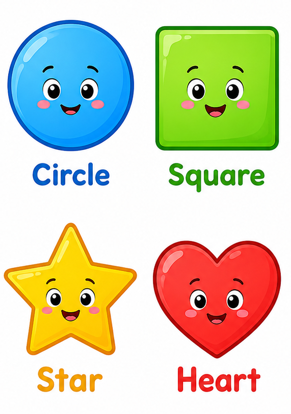 Colorful cartoon shapes for preschool learning, including a blue circle, green square, yellow star, and red heart with smiling faces and labels underneath.