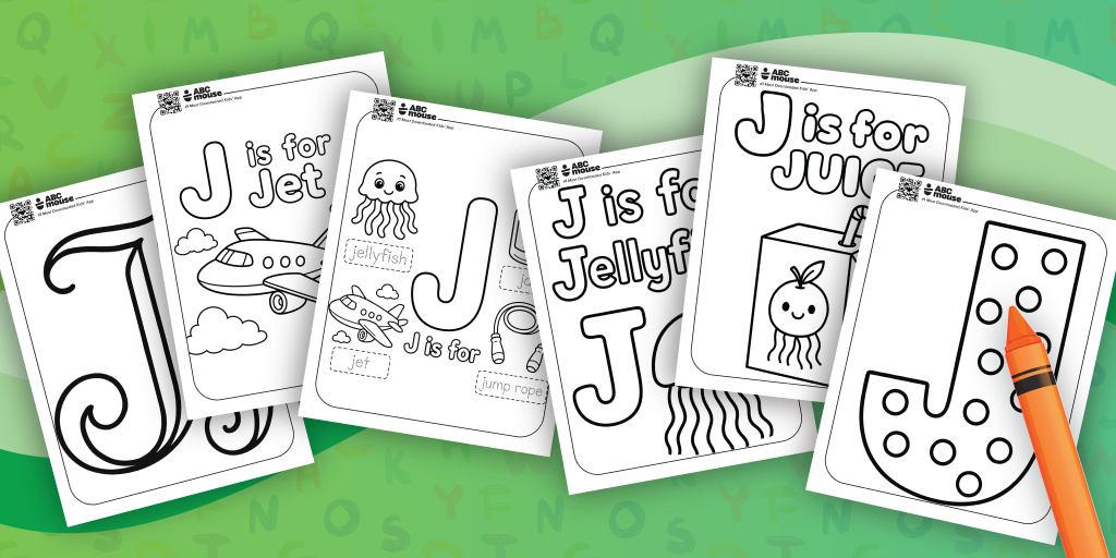 Collage of black-and-white J-themed coloring and tracing pages for kids, with words like Jet and Jellyfish.