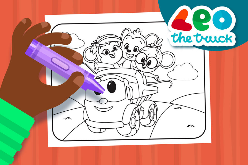 Hands coloring a black-and-white cartoon of a happy truck with three animal passengers on a coloring page, 'Leo the truck' logo in the corner.