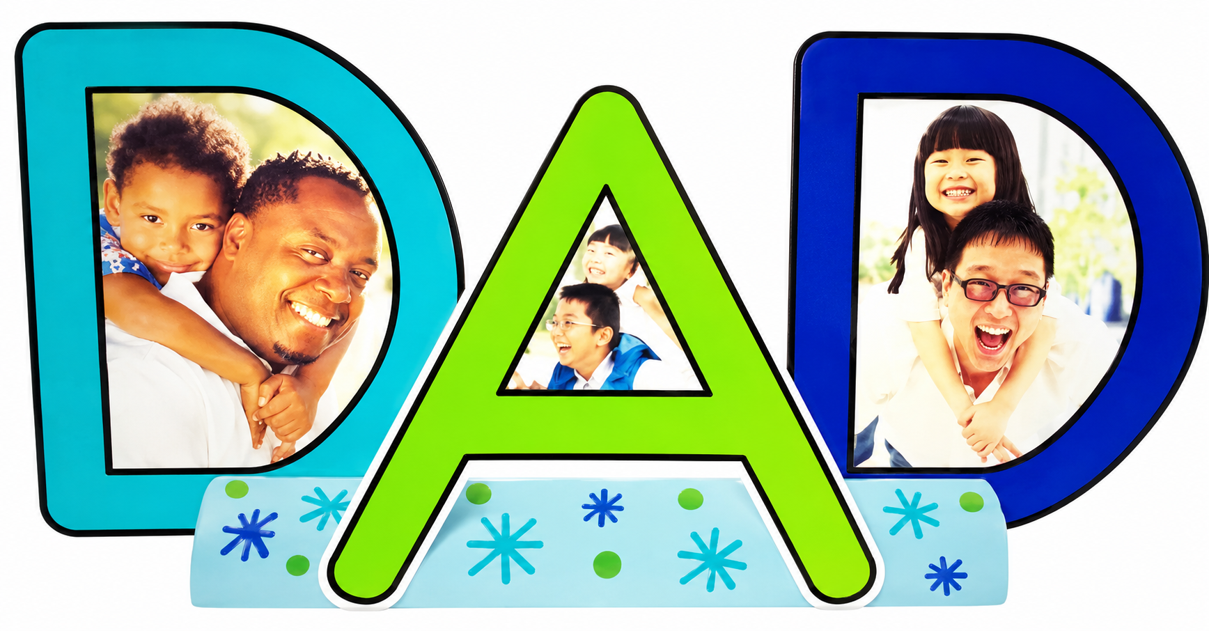 Completed “DAD” photo craft featuring colorful block letters filled with smiling father-and-child pictures, creating a personalized Father’s Day keepsake on a white background.
