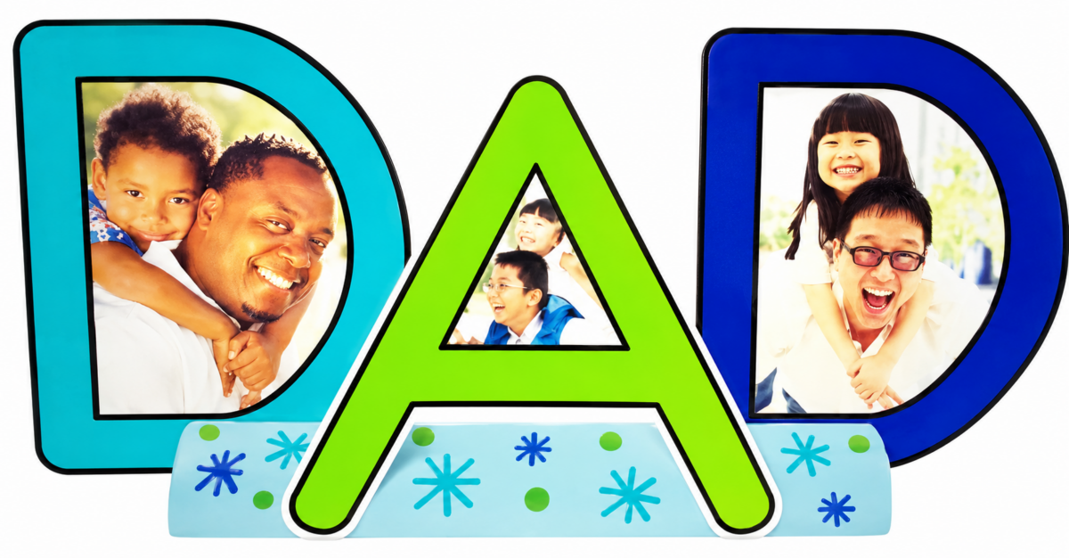 Colorful “DAD” craft project featuring large block letters filled with smiling parent-and-child photos, decorated with playful snowflake and dot accents on a white background.
