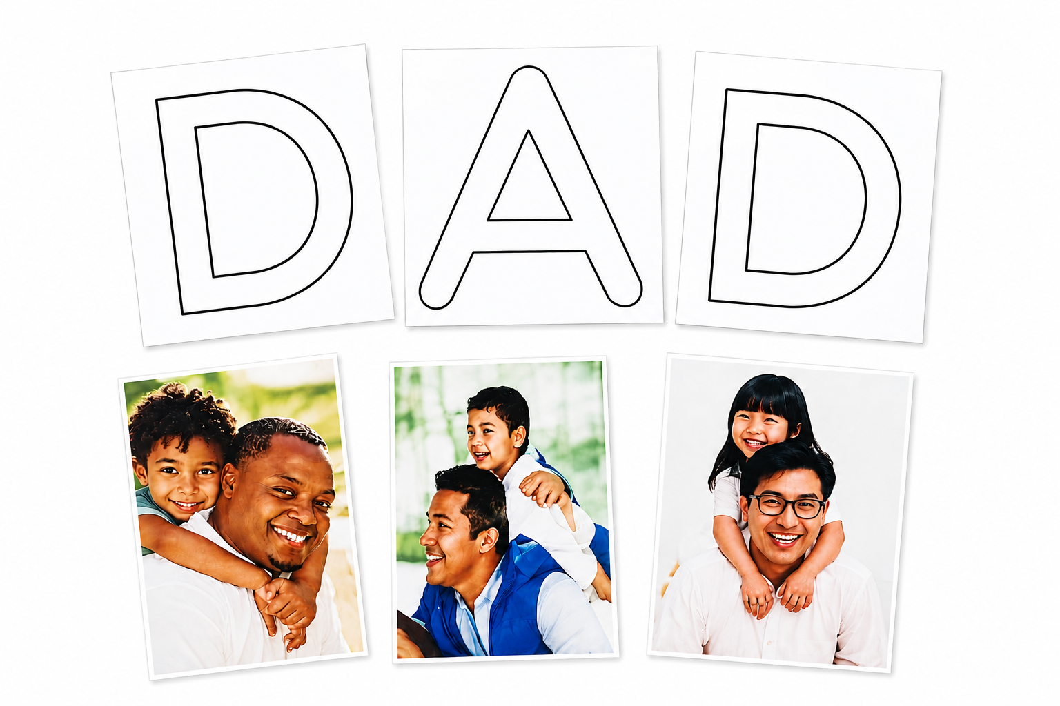 Printable “DAD” craft template with large outlined letters and three family photo examples showing children with their fathers, designed for a Father’s Day art activity.